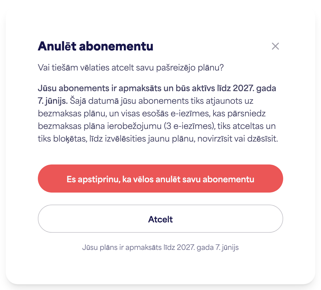 Konta sadaļa Abonements, kurā redzama opcija Atcelt abonementu