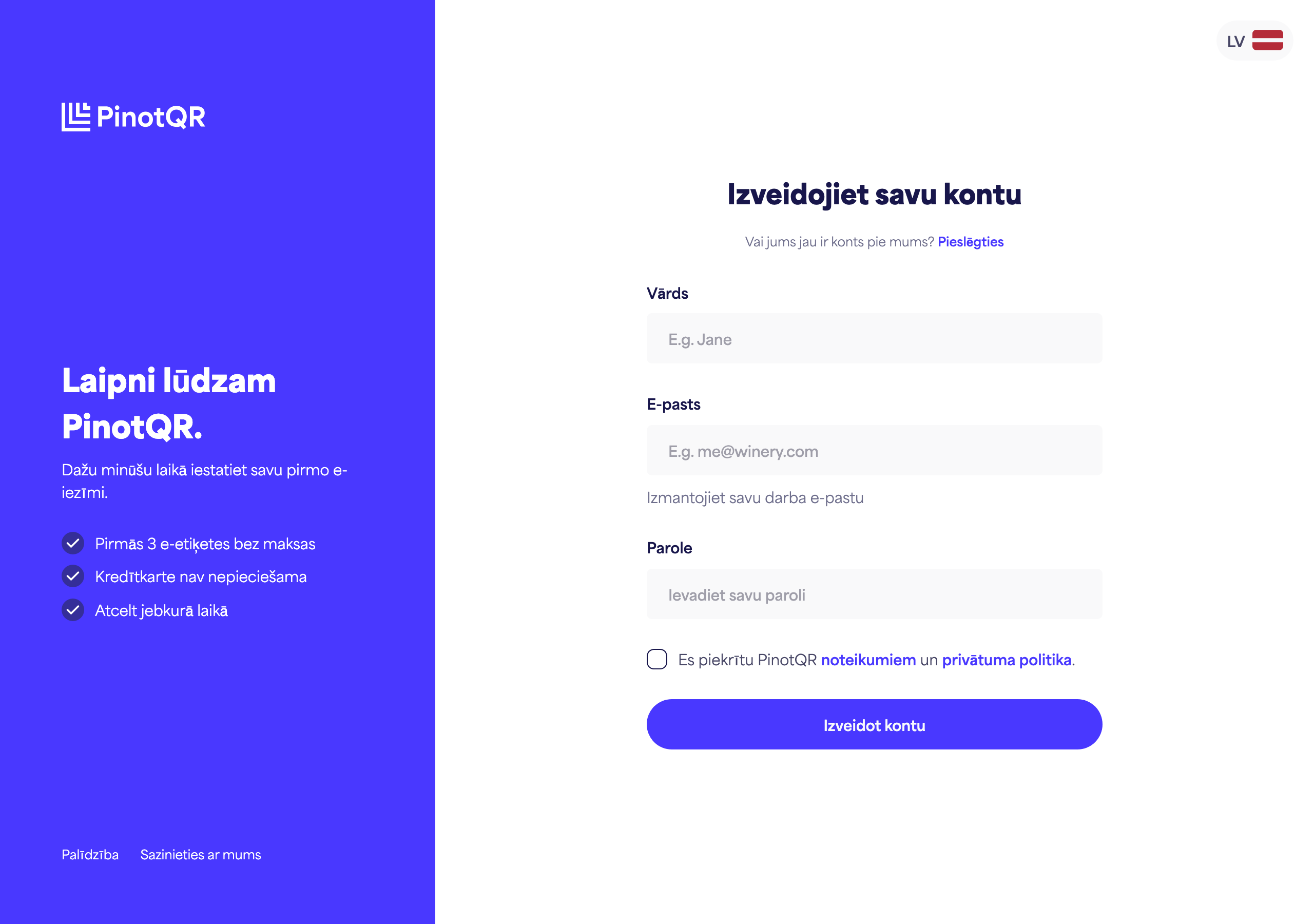 Reģistrācijas veidlapa ar vārda, e-pasta, paroles laukiem un pogu "Izveidot kontu"
