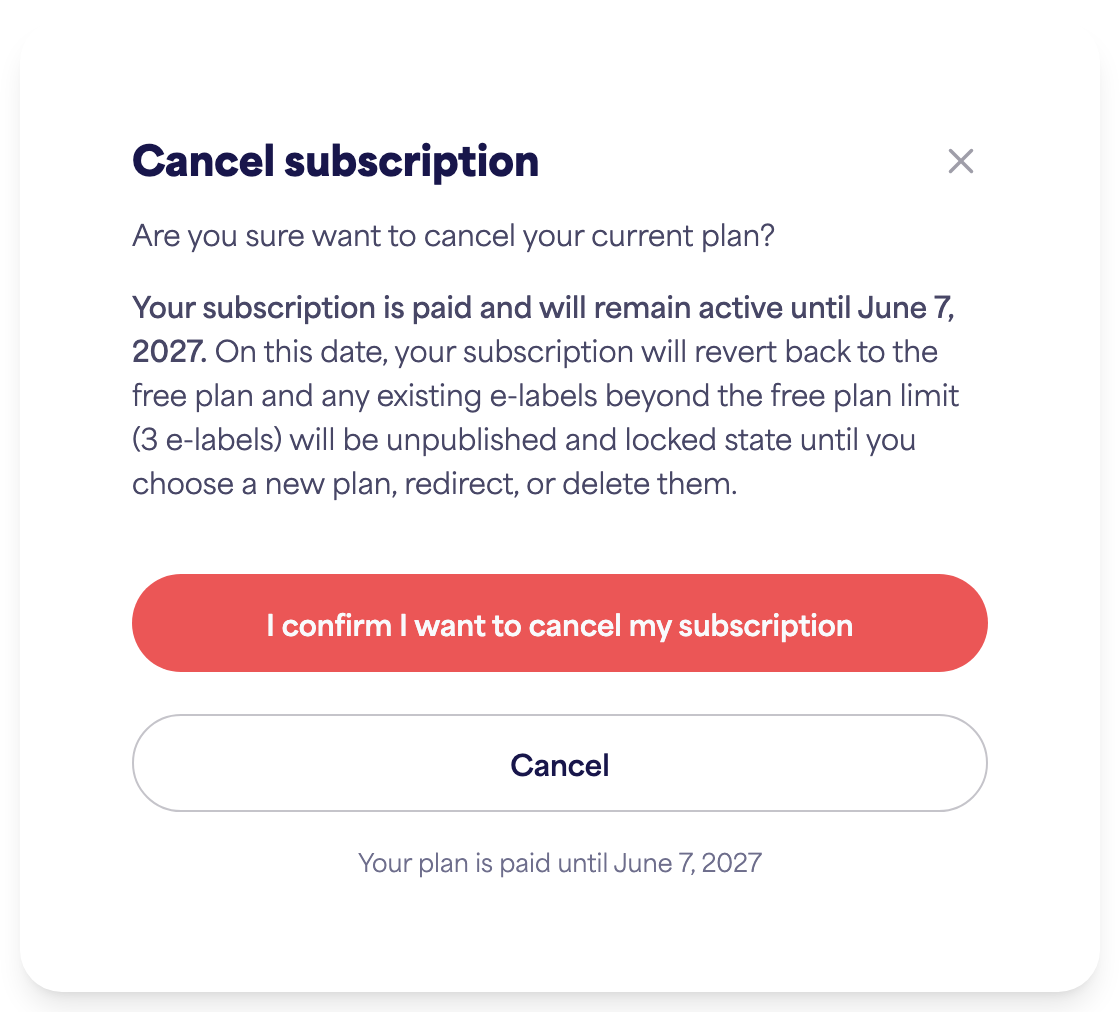 The account Subscription area showing the Cancel subscription option