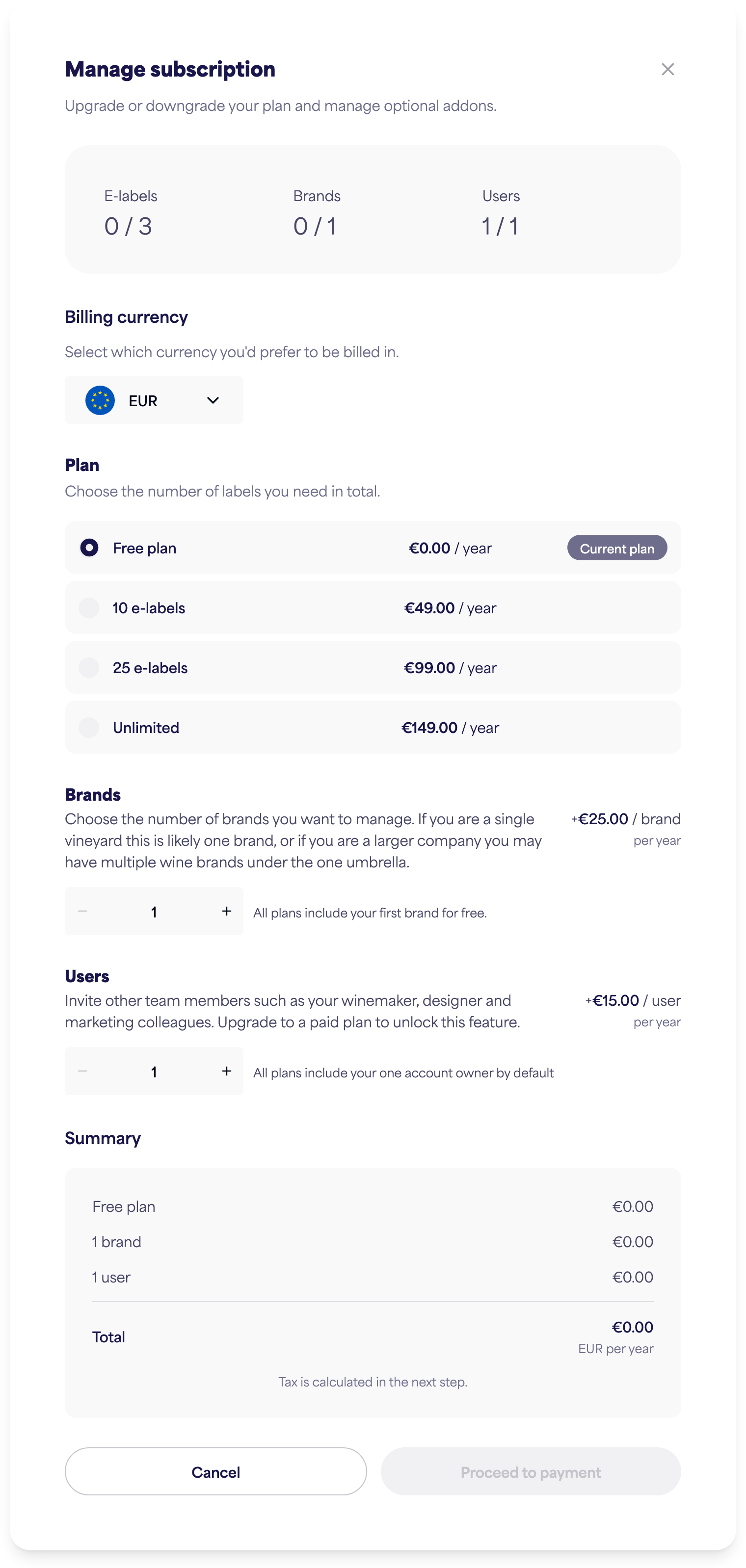 The Manage subscription dialog with plan, brands, and users options