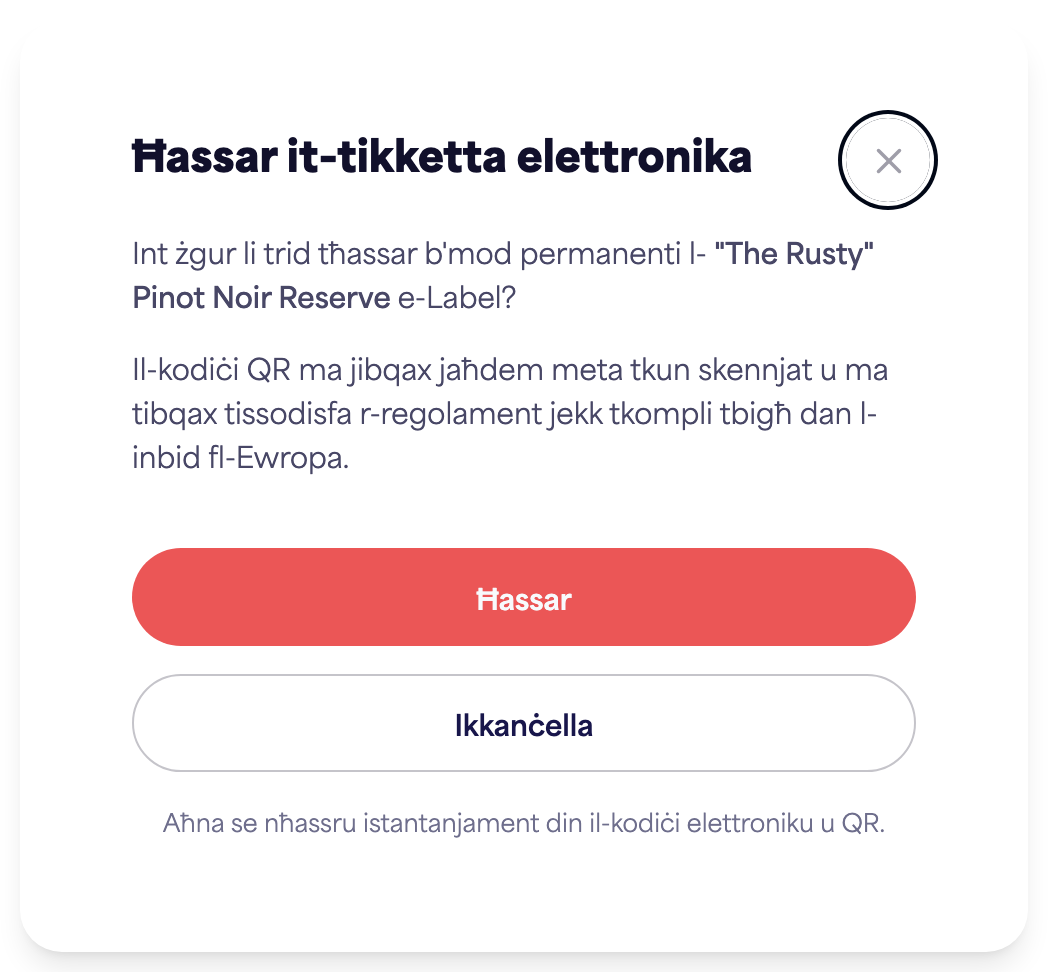Il-kaxxa ta' konferma "Ħassar e-label"