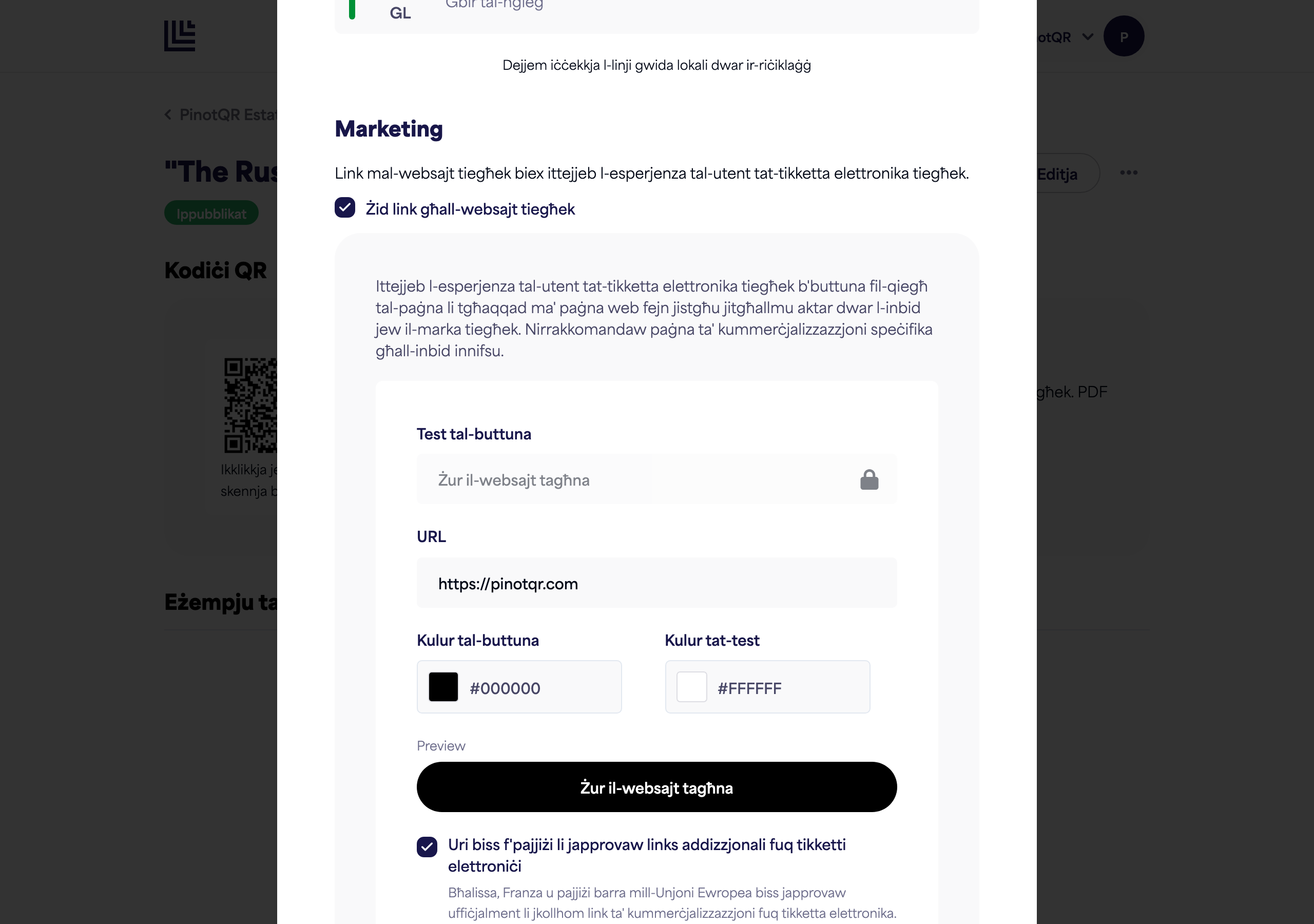Is-sezzjoni Marketing bit-toggle, it-test tal-buttuna, l-URL, u l-għażliet tal-kulur flimkien mal-preview dirett tal-buttuna