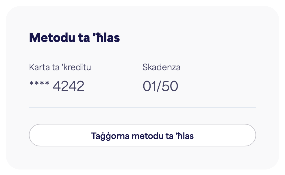Il-kard tal-Metodu ta' ħlas li turi l-kard salvata u "Aġġorna l-metodu ta' ħlas"