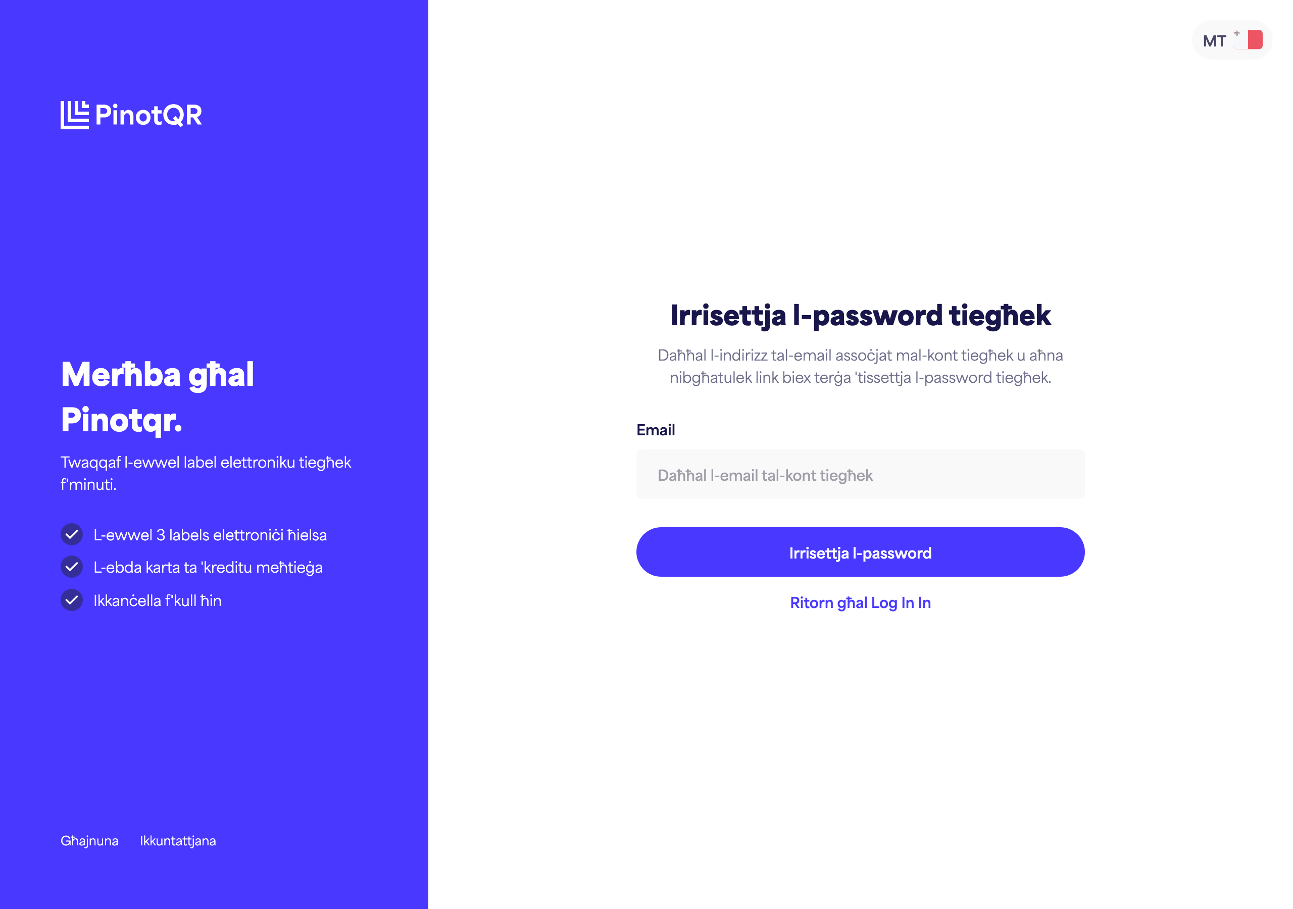 L-iskrin "Irrisettja l-password tiegħek" fejn iddaħħal l-email tiegħek