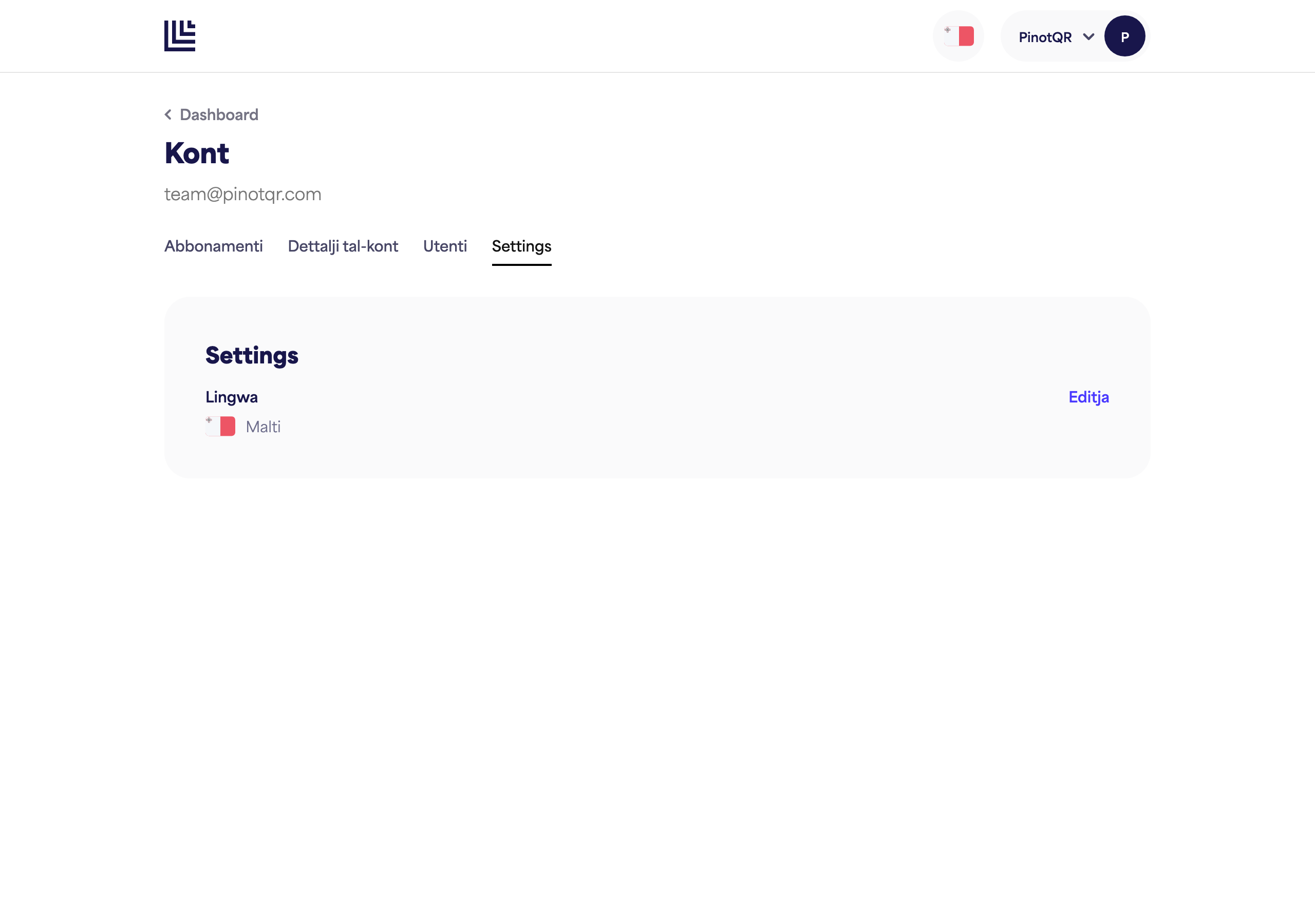 The Settings page with the Language option