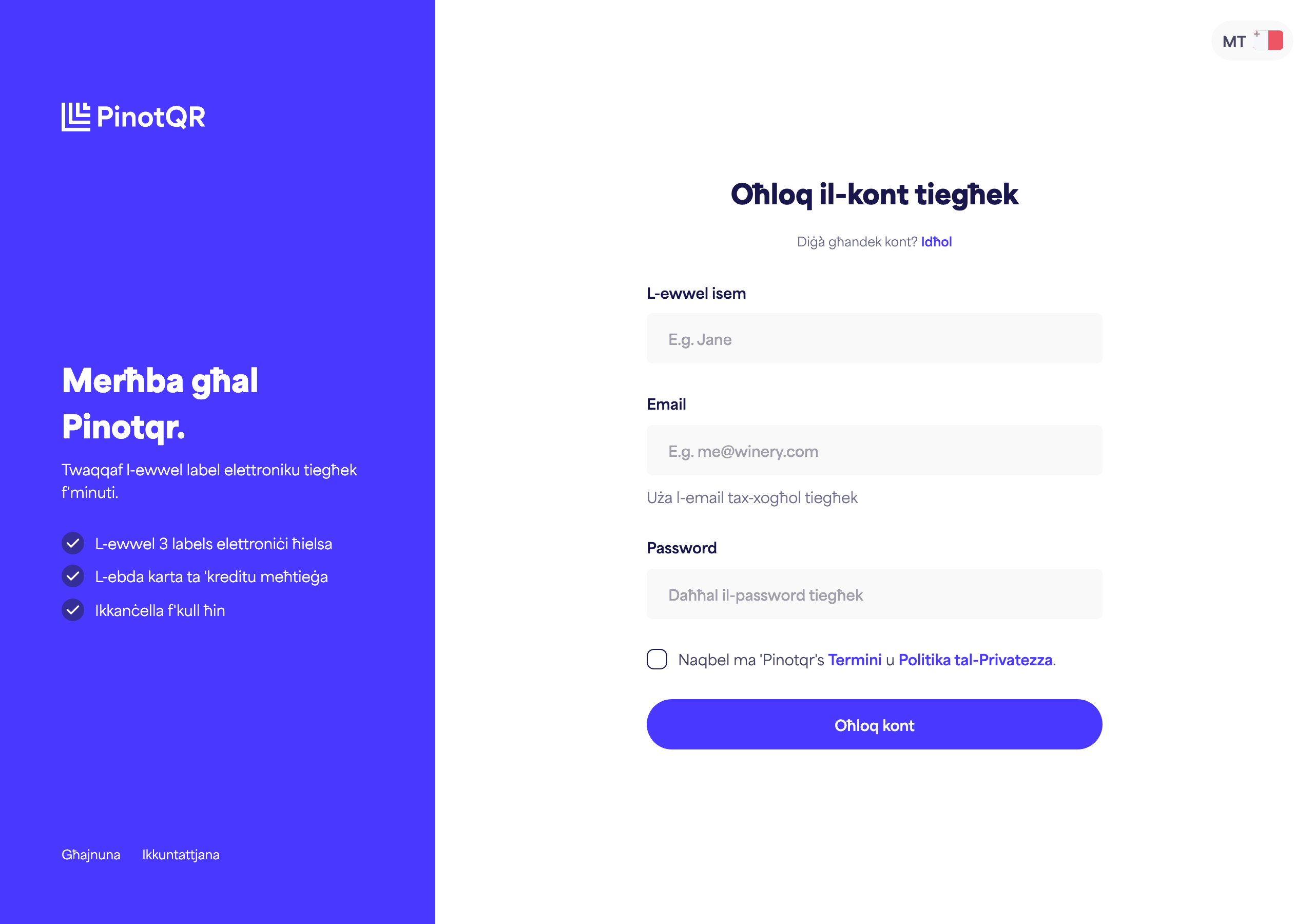 Il-formola tar-reġistrazzjoni bl-oqsma tal-Isem, Email, Password u l-buttuna "Oħloq kont"