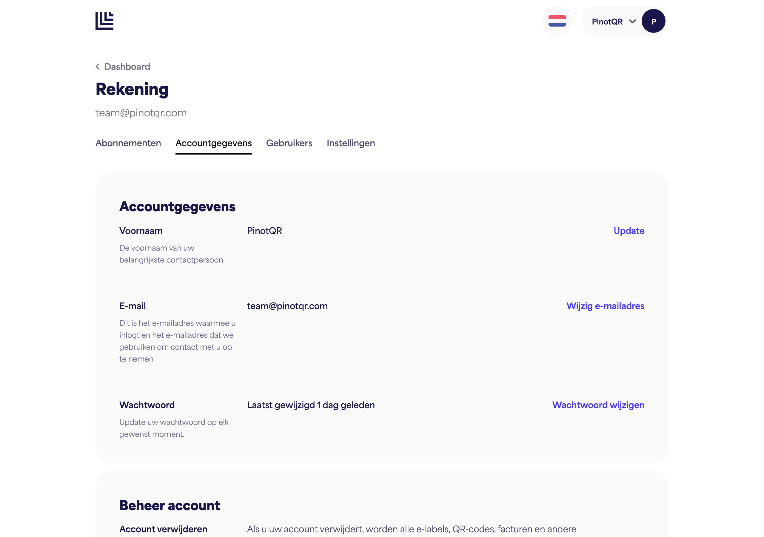 De pagina Accountgegevens met het veld Voornaam