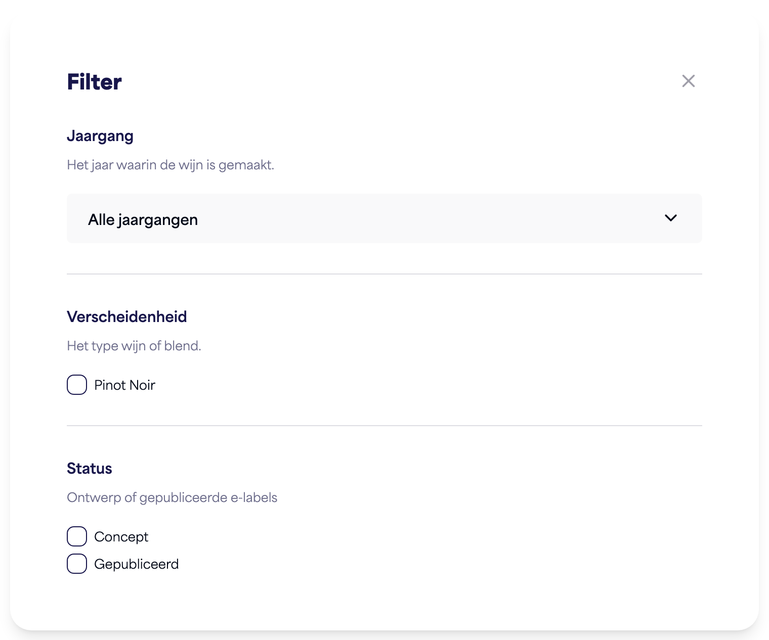 Het Filterpaneel met opties voor vintage, variëteit en status