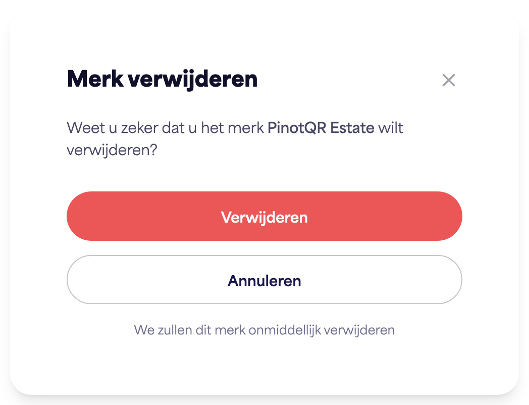Het bevestigingsdialoogvenster "Merk verwijderen" waarschuwt voor bestaande e-labels