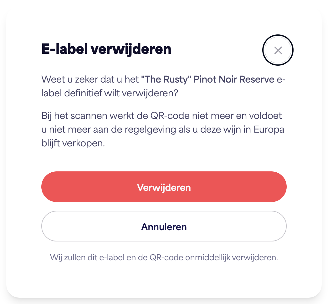 Het bevestigingsdialoogvenster "E-label verwijderen"