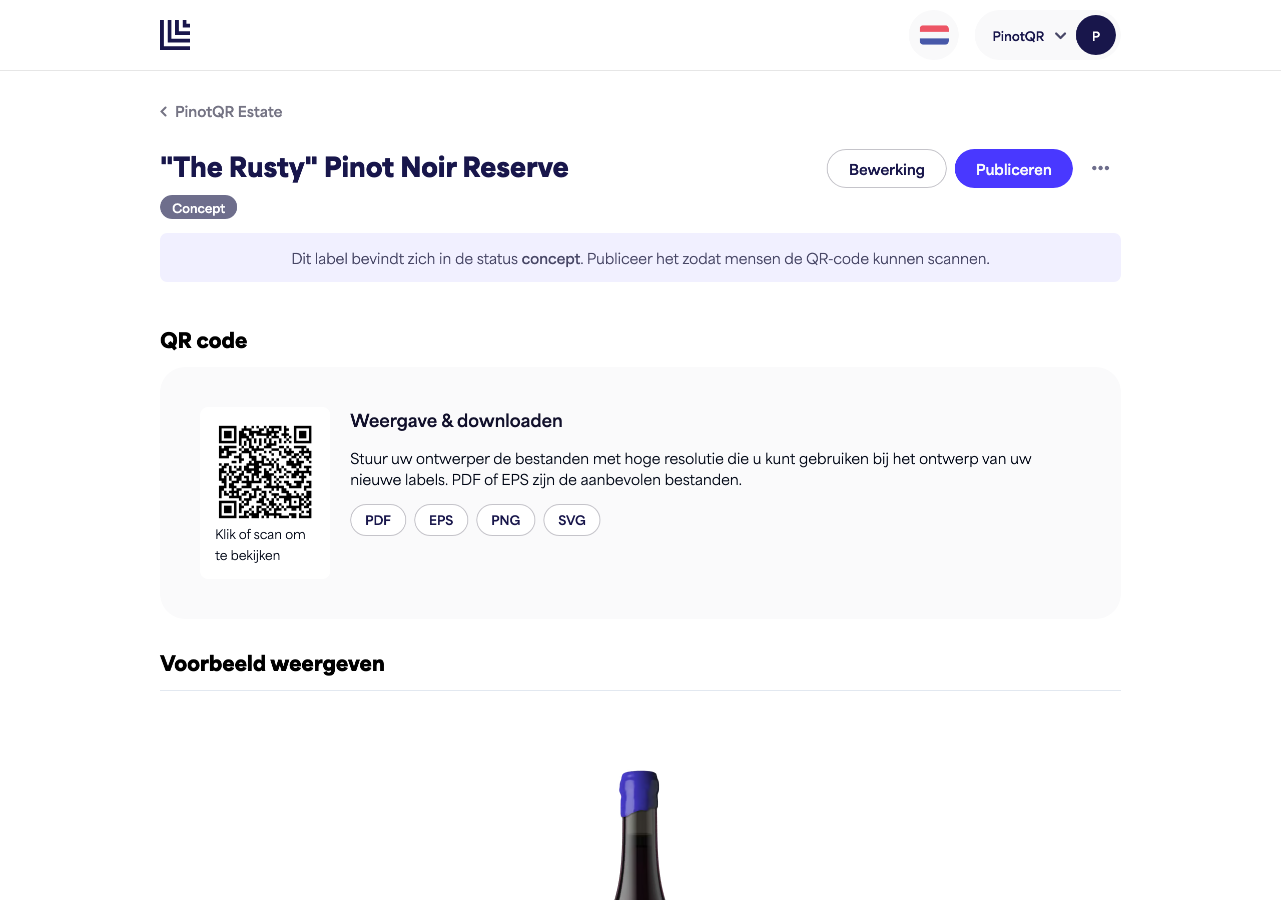 A draft e-label showing the draft notice and the "Publish" button