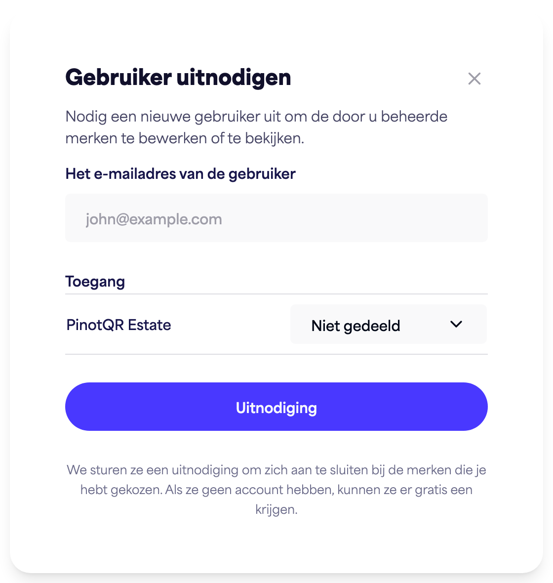 Het dialoogvenster "Gebruiker uitnodigen" met het e-mailveld en opties voor toegang per merk