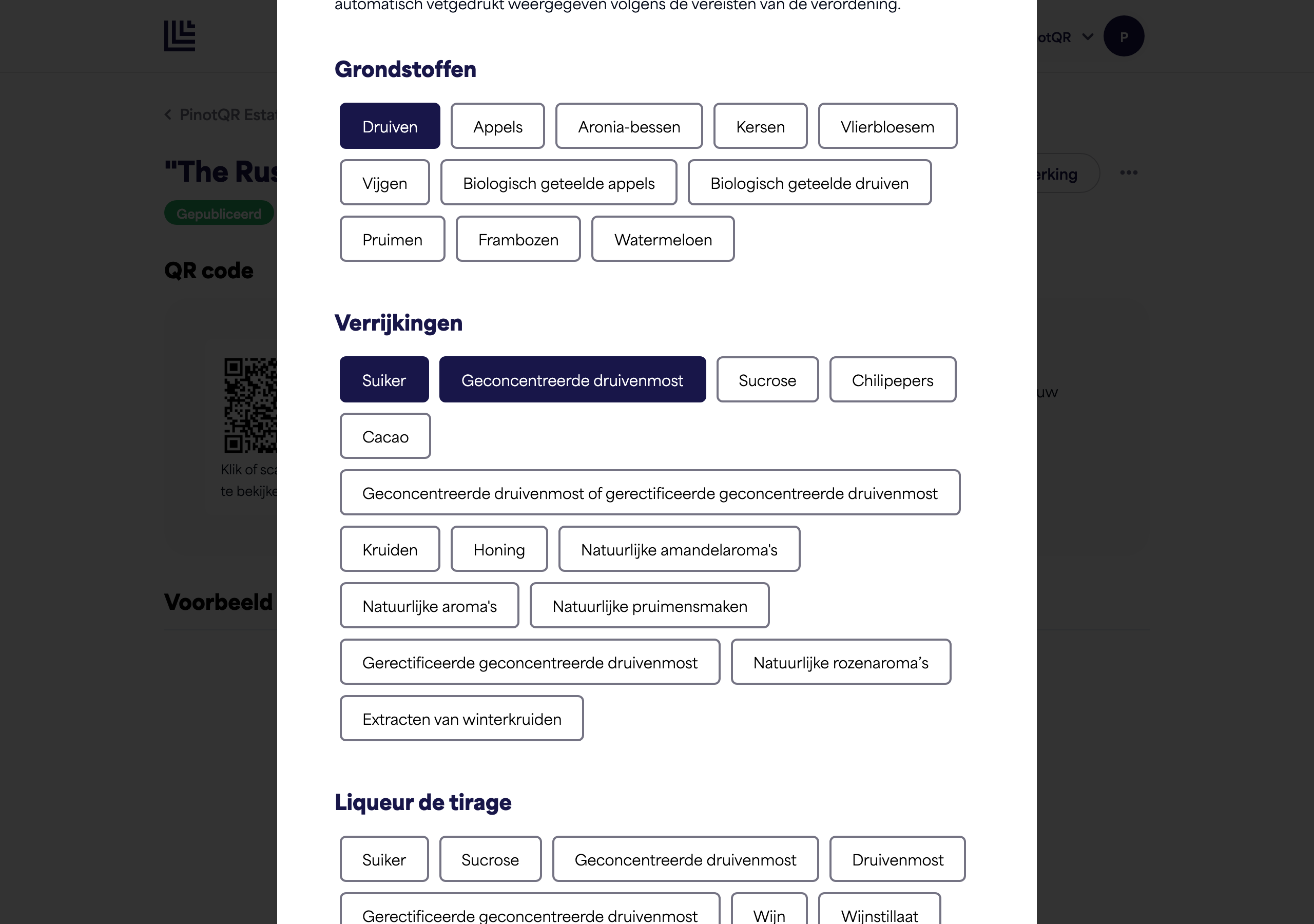 De sectie Ingrediënten met verschillende categorieën en geselecteerde ingrediënten