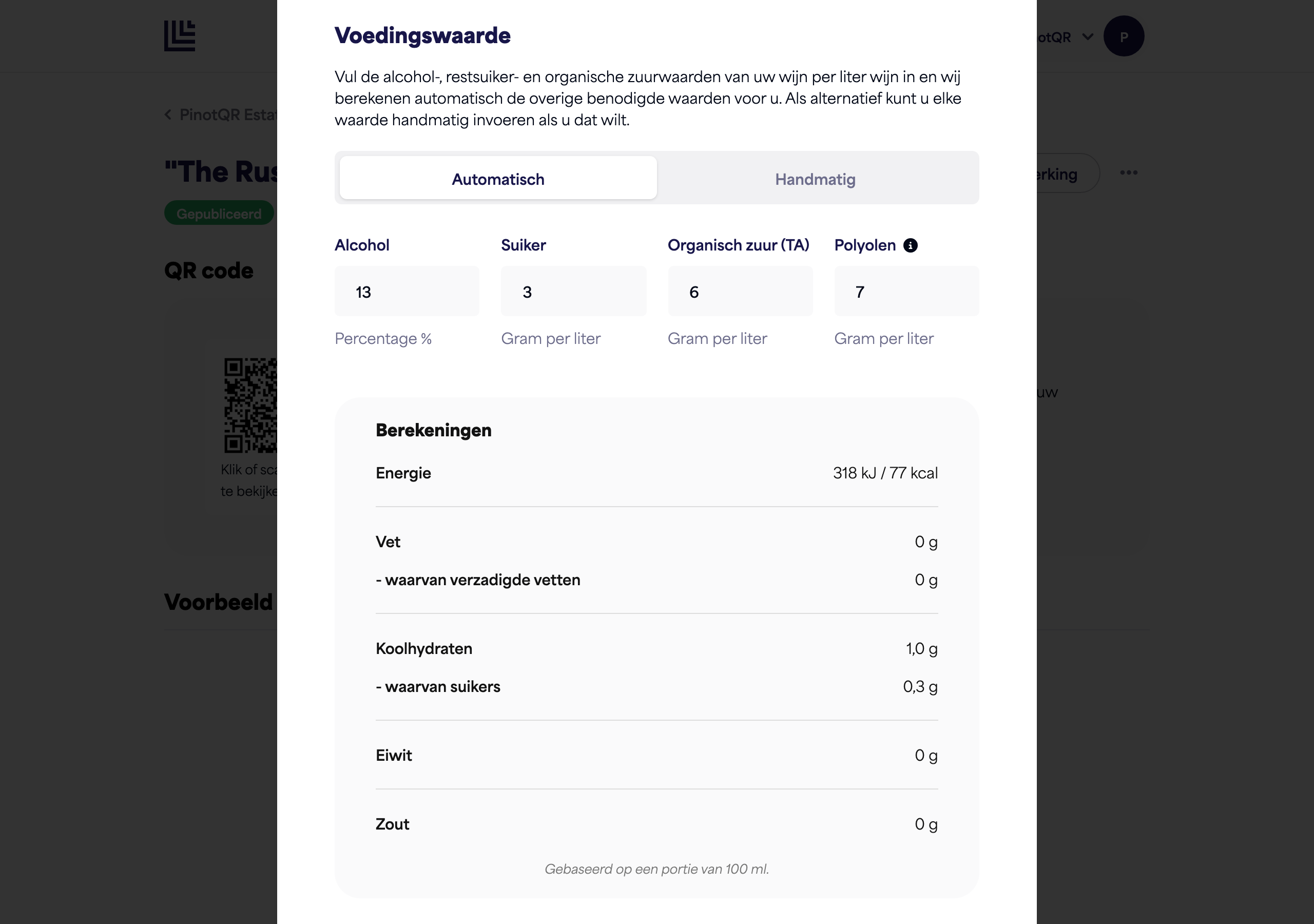 De sectie Voedingswaarde in automatische modus, met de velden voor alcohol, suiker, organisch zuur en polyolen