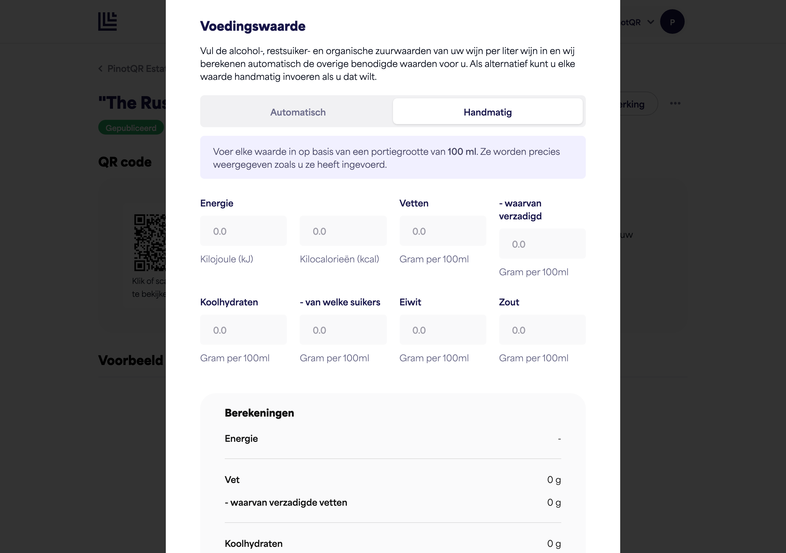 De sectie Voedingswaarde omgeschakeld naar Handmatig, met de volledige set velden