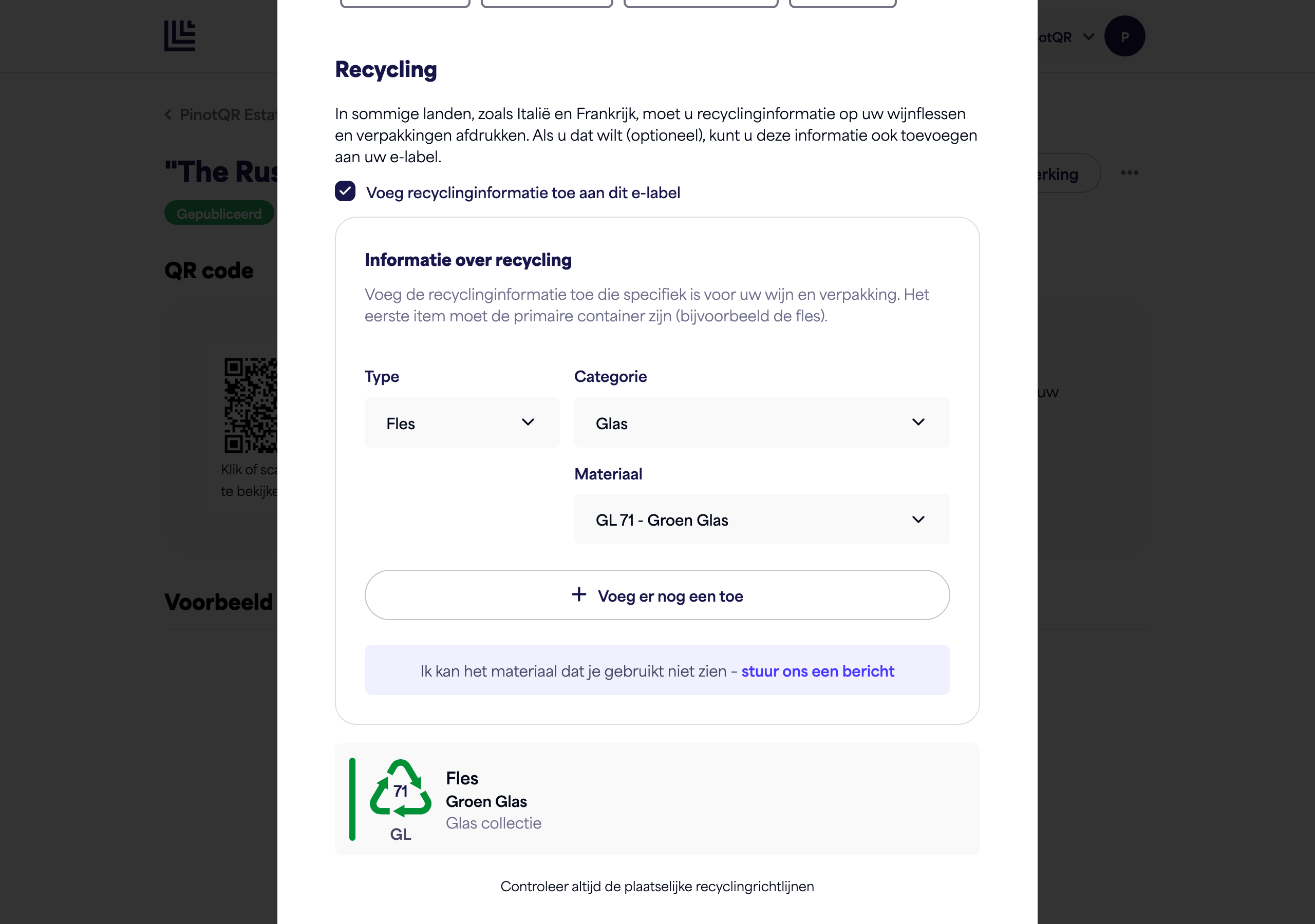 De schakelaar en uitleg van de sectie Recycling