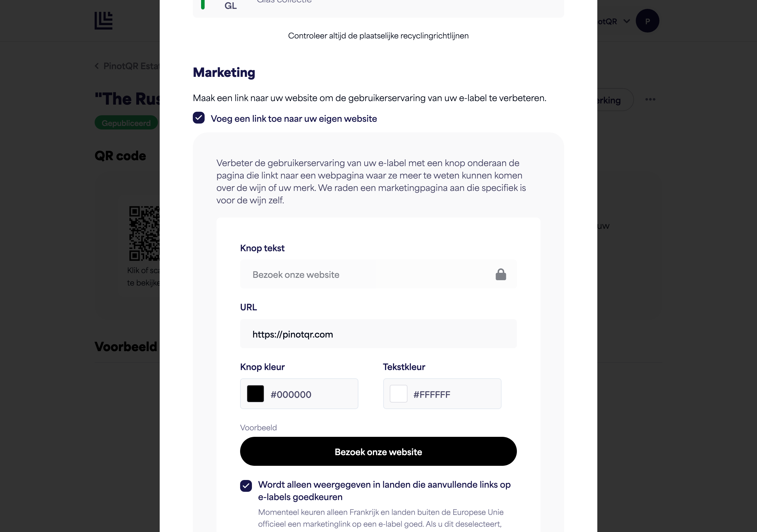 De sectie Marketing met de schakelaar, knoptekst, URL, en kleurkiezers plus het live voorbeeld van de knop