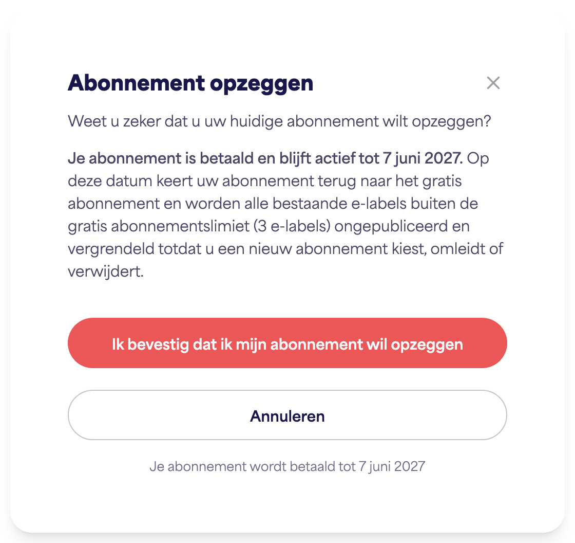 Het abonnementsgedeelte van het account met de optie Abonnement opzeggen