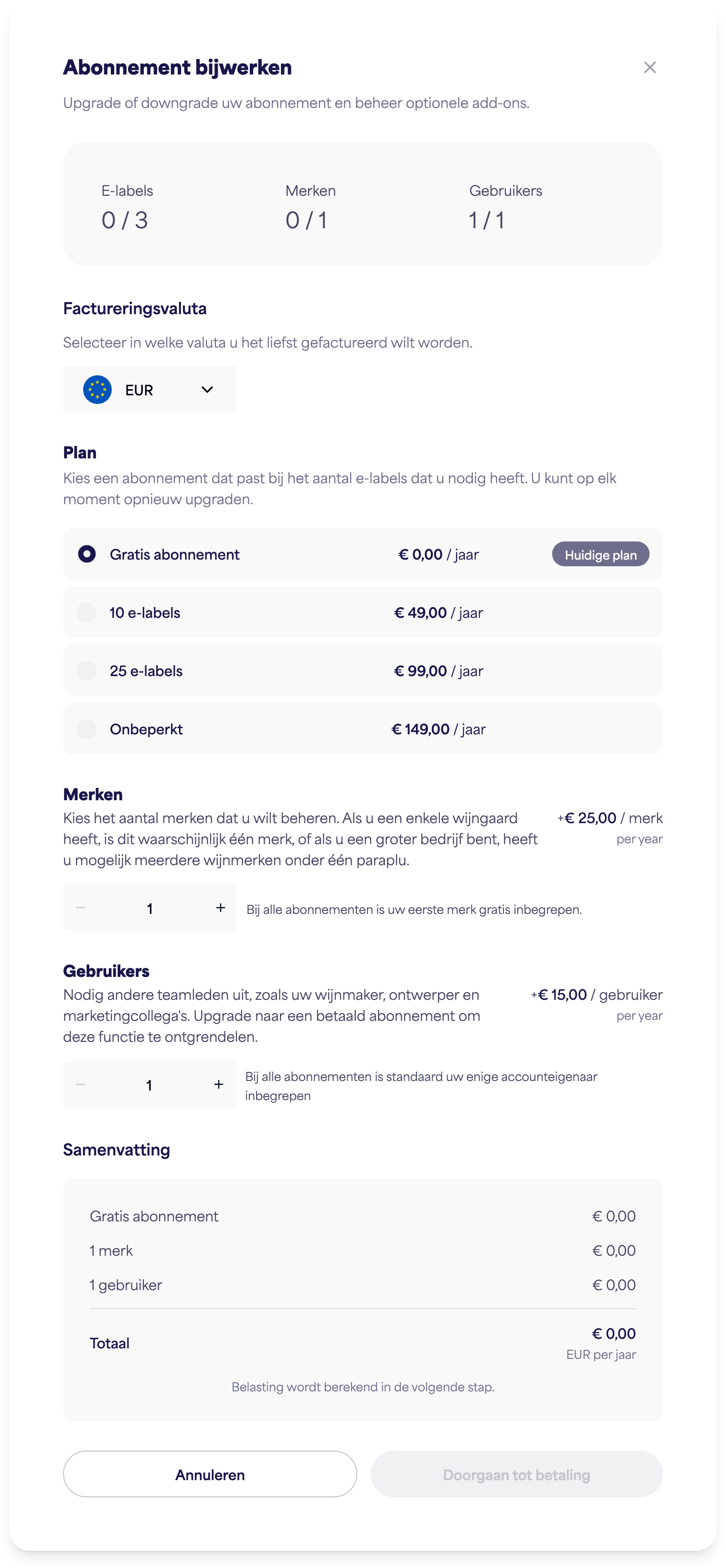 Het dialoogvenster Abonnement beheren met opties voor plan, merken en gebruikers