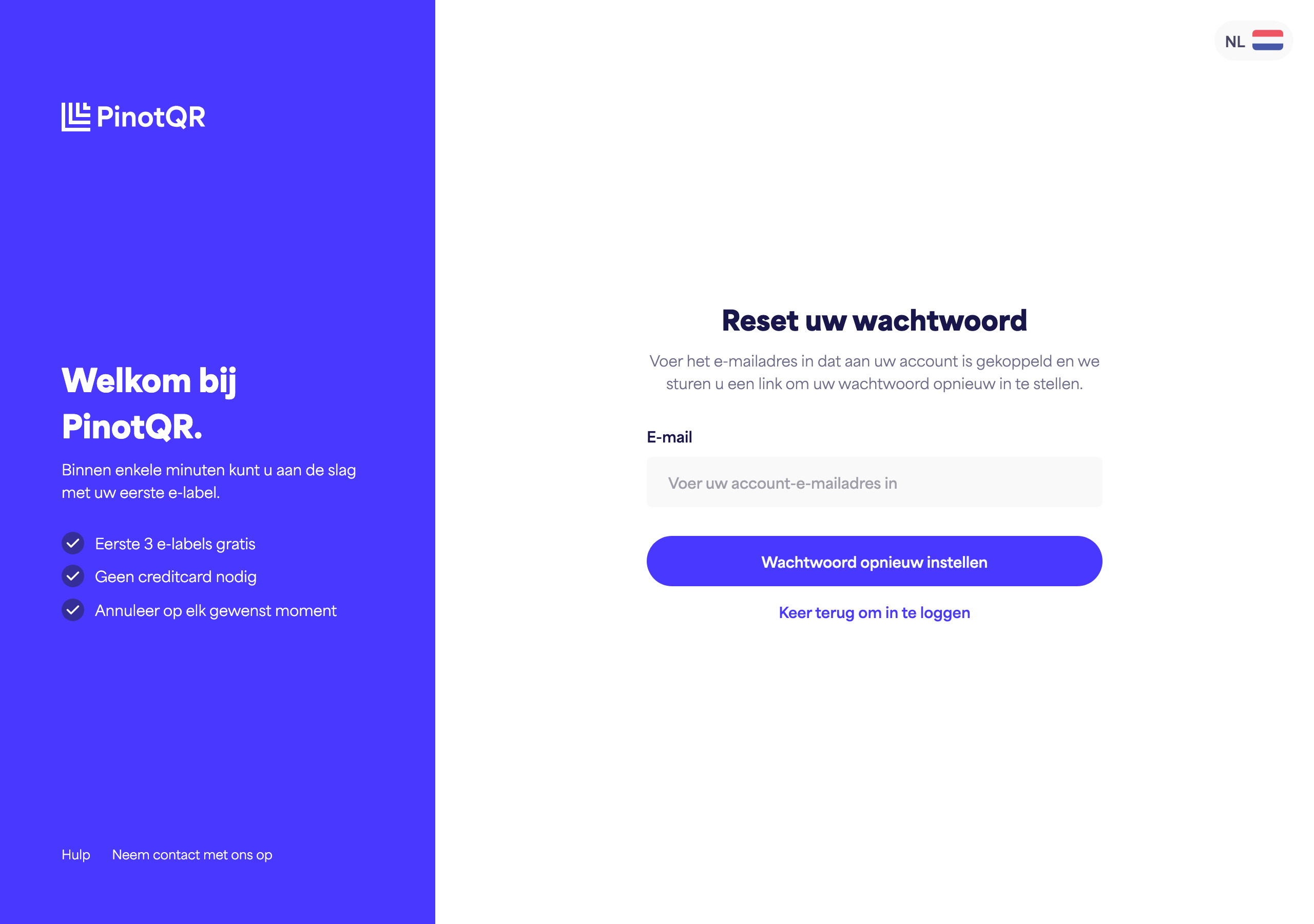 Het scherm "Wachtwoord opnieuw instellen" waar je je e-mailadres invoert