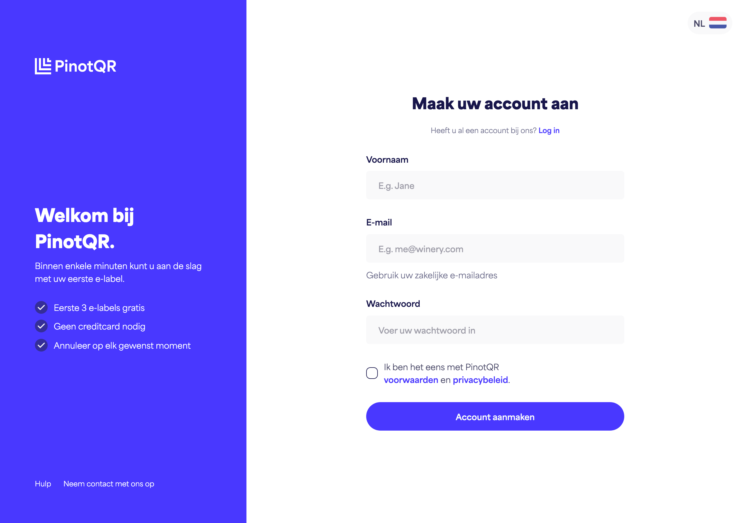 Het aanmeldformulier met de velden Voornaam, E-mail, Wachtwoord en de knop "Account aanmaken"