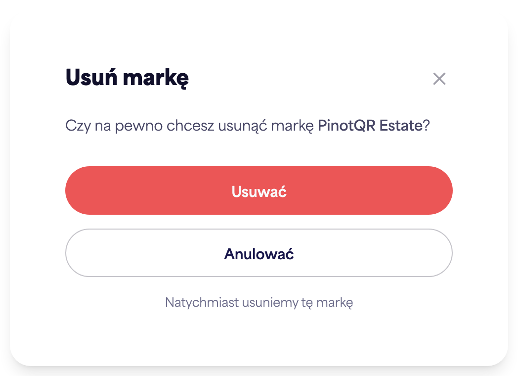Okno dialogowe potwierdzenia "Usuń markę" ostrzegające o istniejących e-etykietach