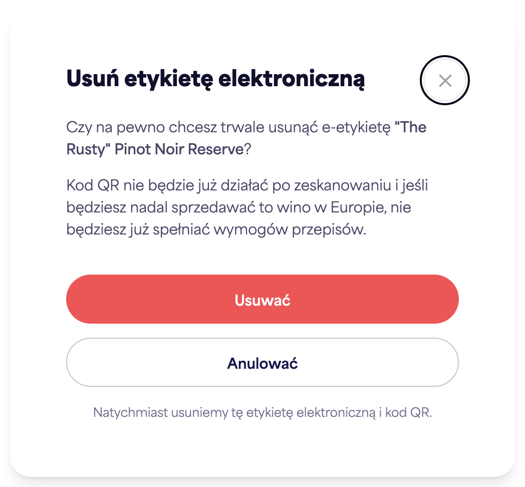 Okno dialogowe potwierdzenia „Usuń e-etykietę”