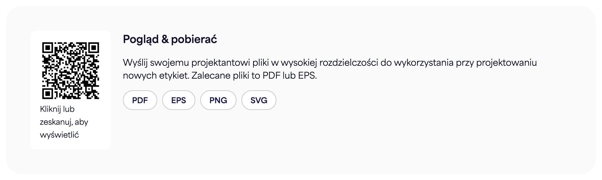 Sekcja Kod QR na stronie e-etykiety z przyciskami pobierania PDF, EPS, PNG i SVG
