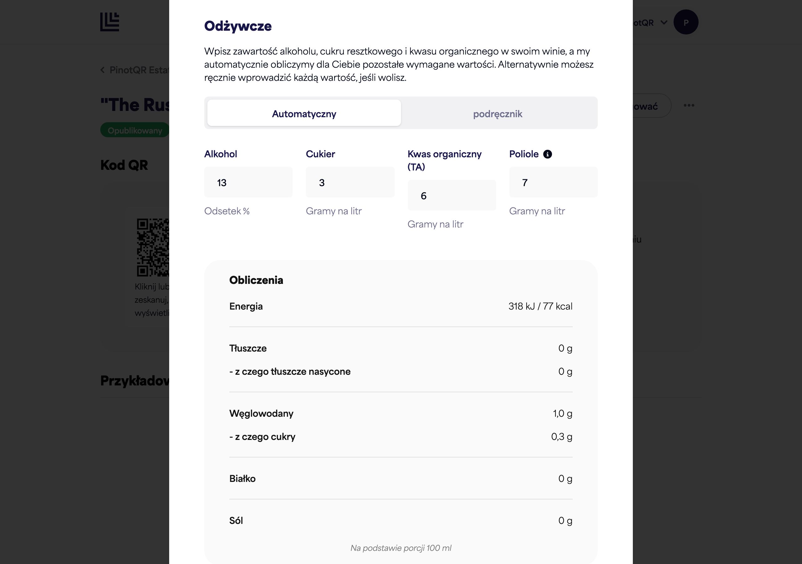 Sekcja żywieniowa w trybie automatycznym, pokazująca pola alkoholu, cukru, kwasu organicznego i polioli