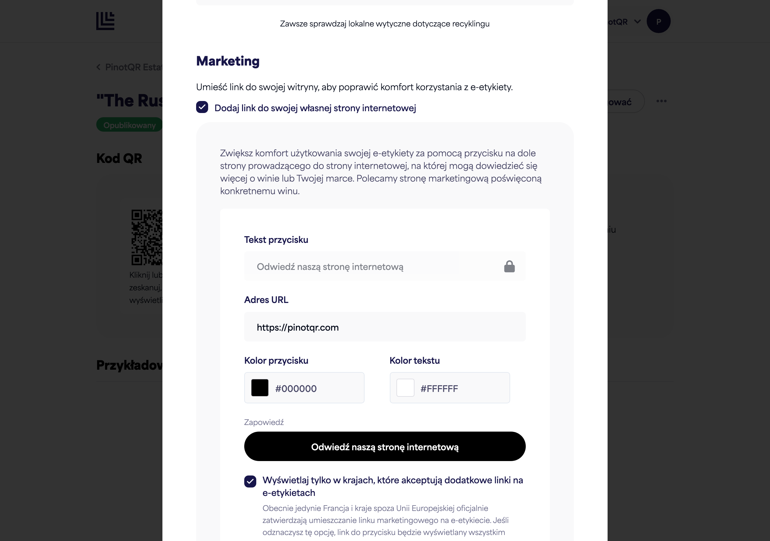 Sekcja Marketing z przełącznikiem, tekstem przycisku, adresem URL i wyborem kolorów oraz podglądem przycisku na żywo