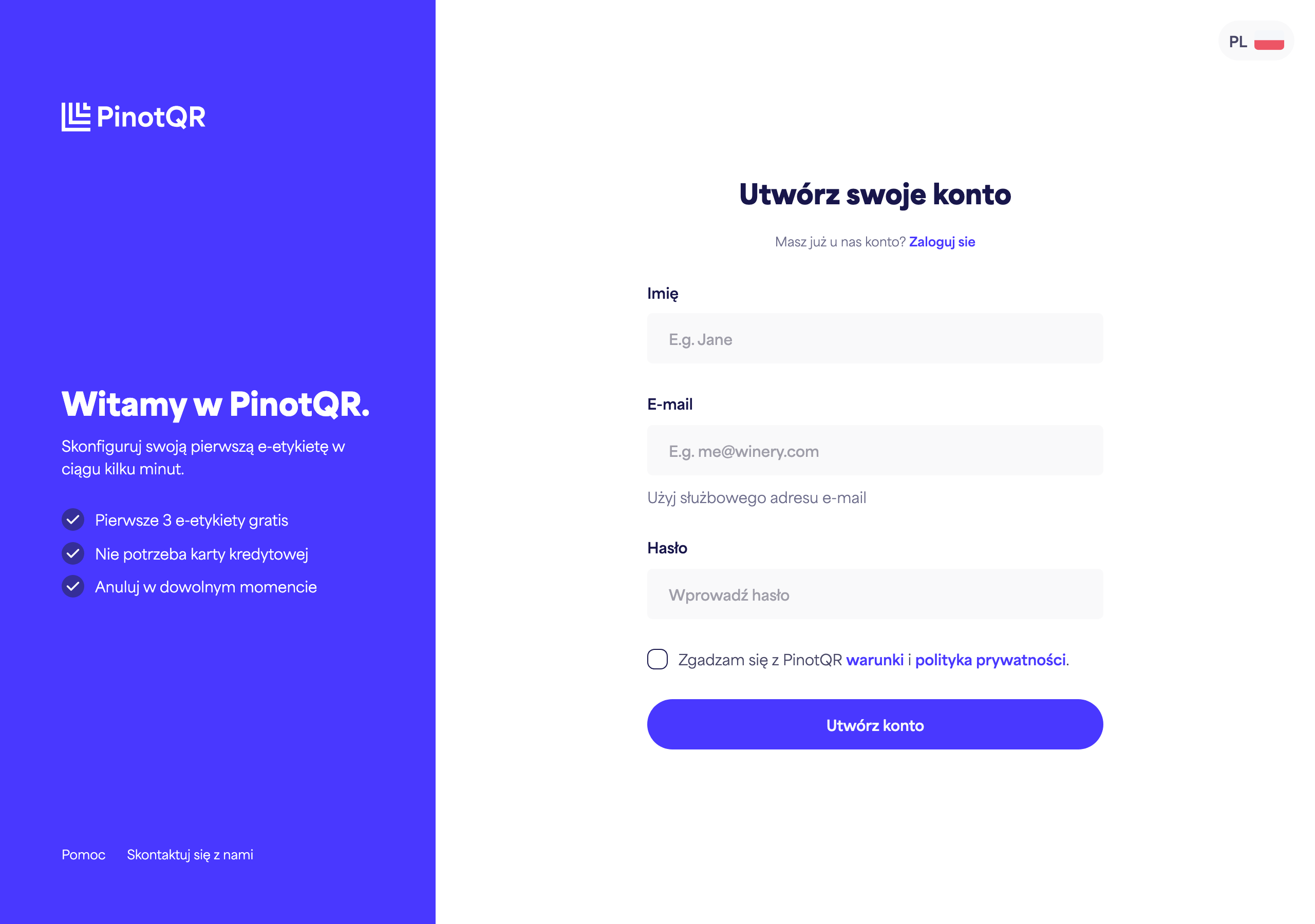 Formularz rejestracyjny z polami Imię, Adres e-mail, Hasło i przyciskiem "Utwórz konto"