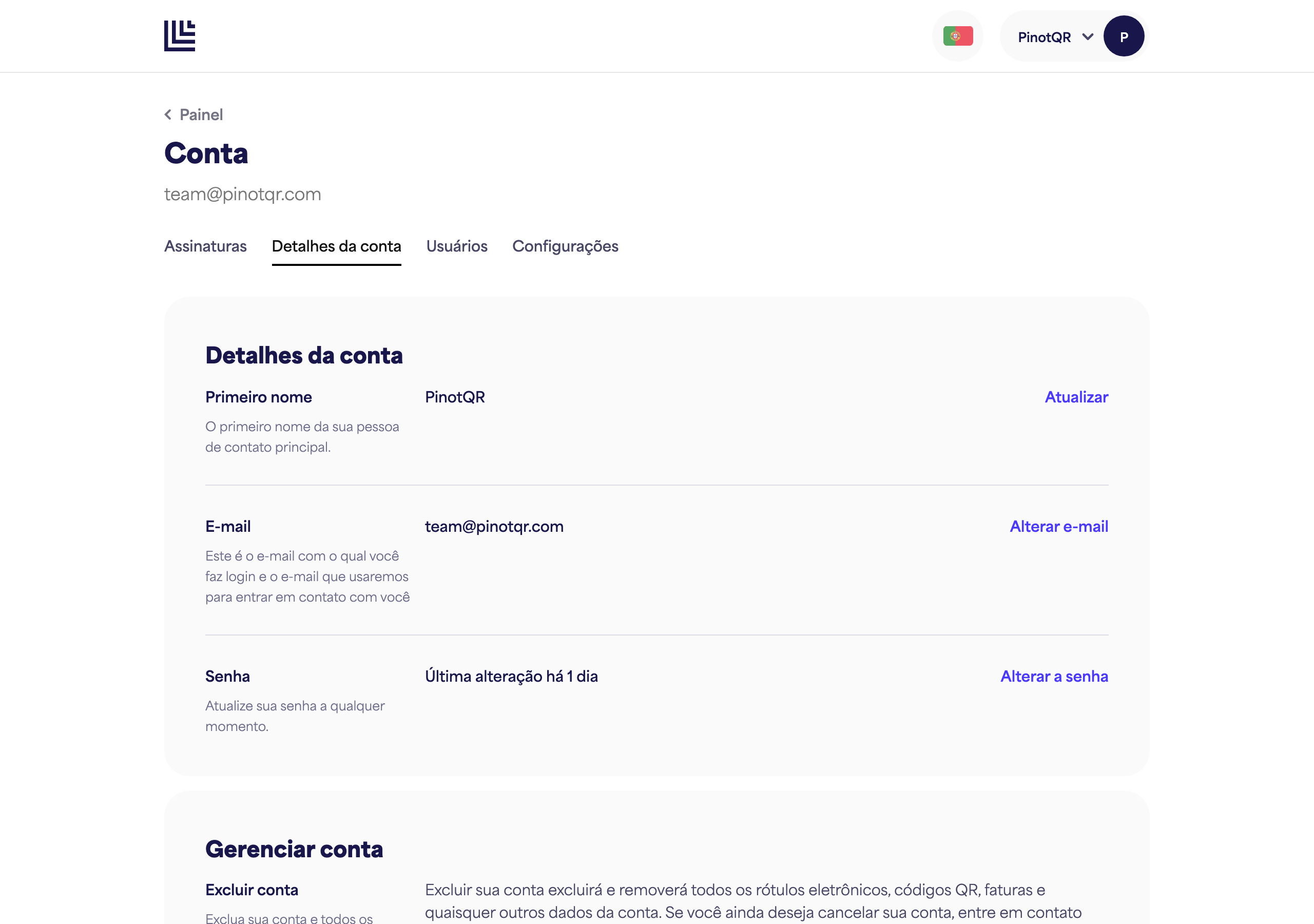 A página Detalhes da conta com o campo Primeiro nome