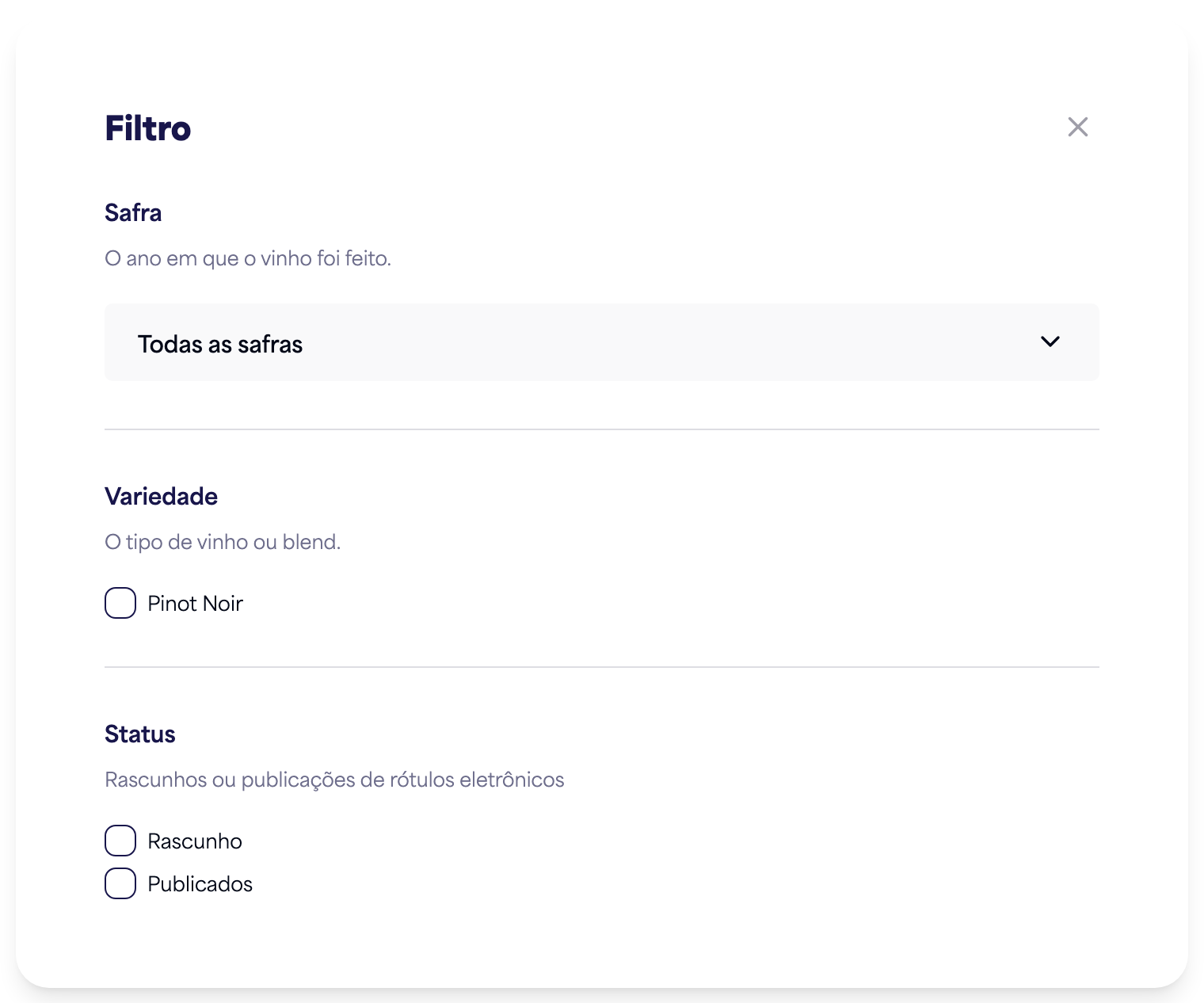 O painel de Filtro com opções de safra, variedade e status