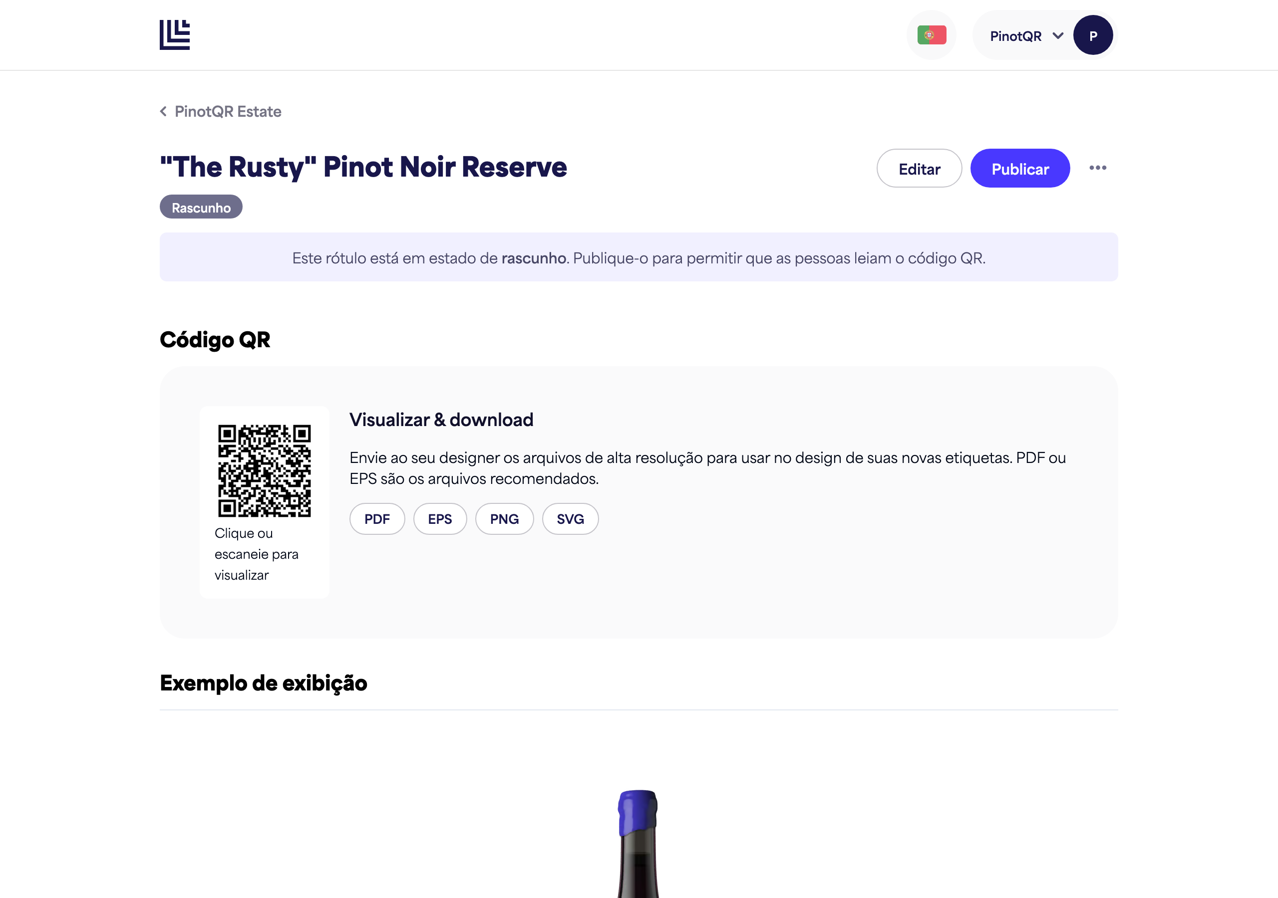 Uma e-etiqueta em rascunho mostrando o aviso de rascunho e o botão "Publicar"