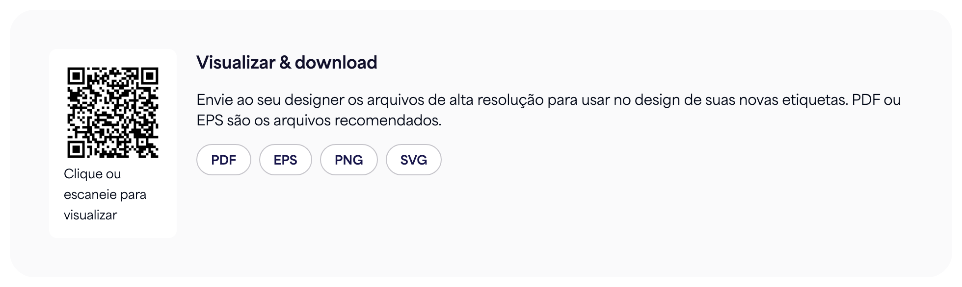 A secção do Código QR numa página de etiqueta eletrónica com os botões de download de PDF, EPS, PNG e SVG
