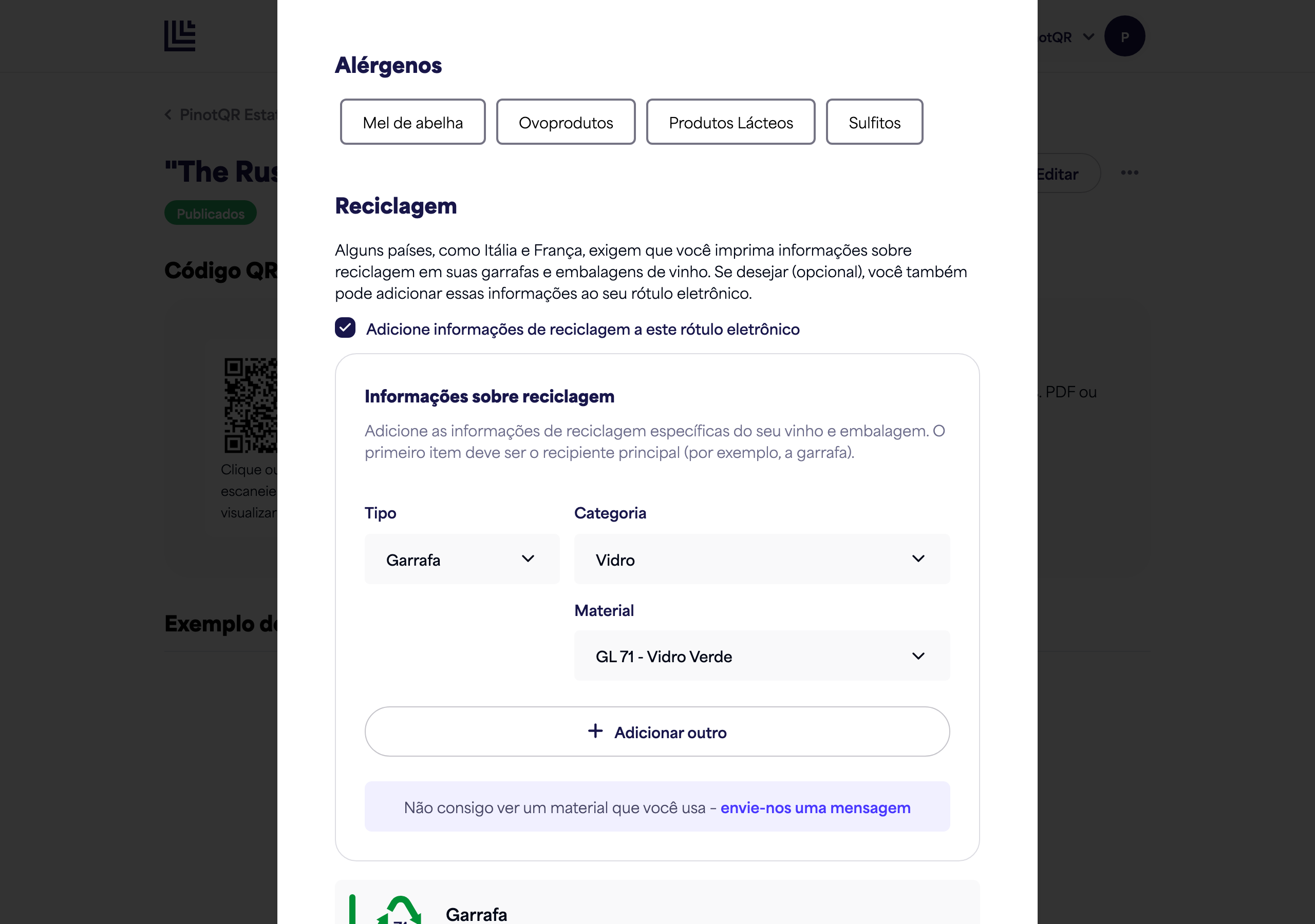 A seção Alergénios com opções de alergénios