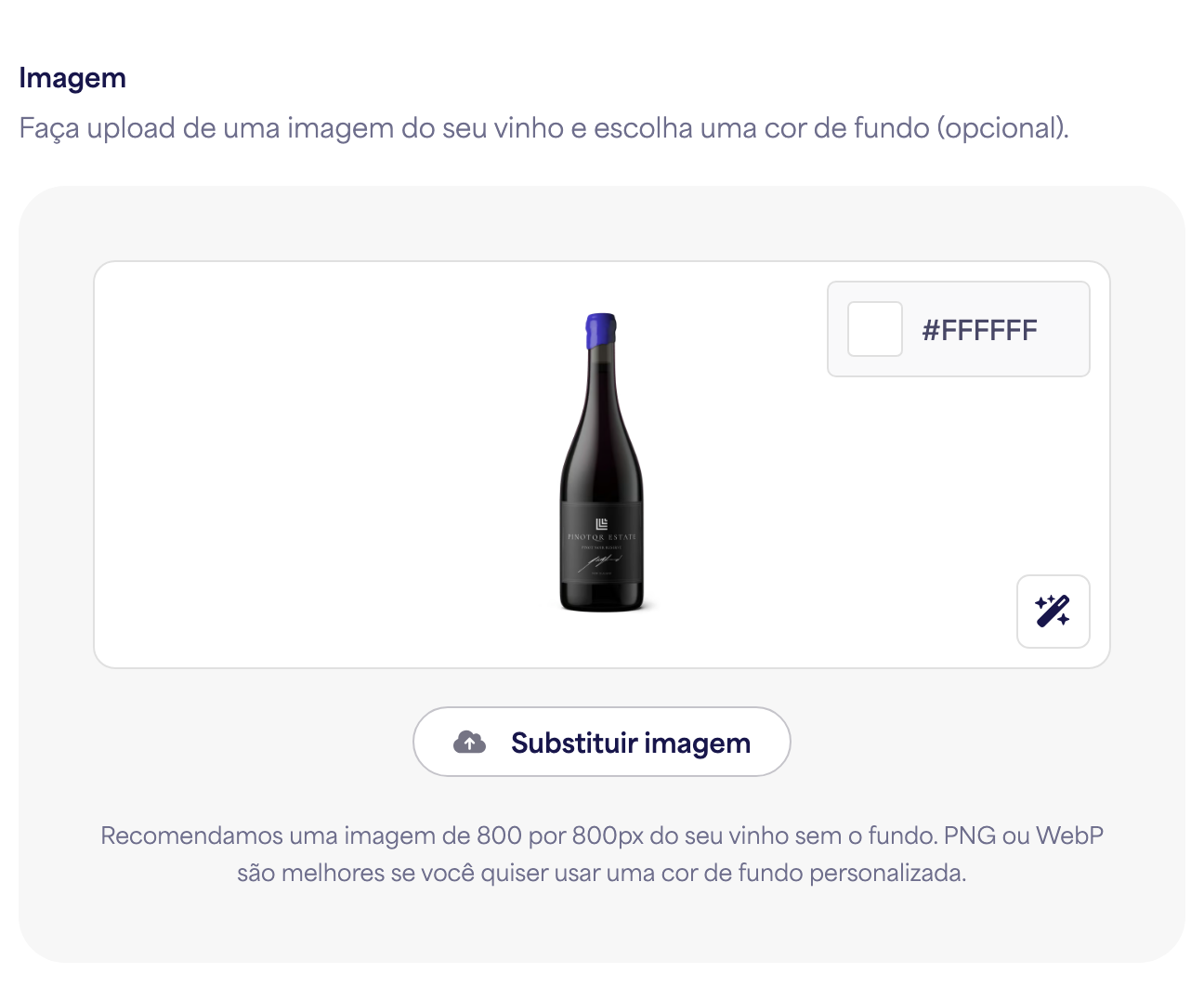 O uploader de imagem de garrafa com uma imagem de vinho de amostra