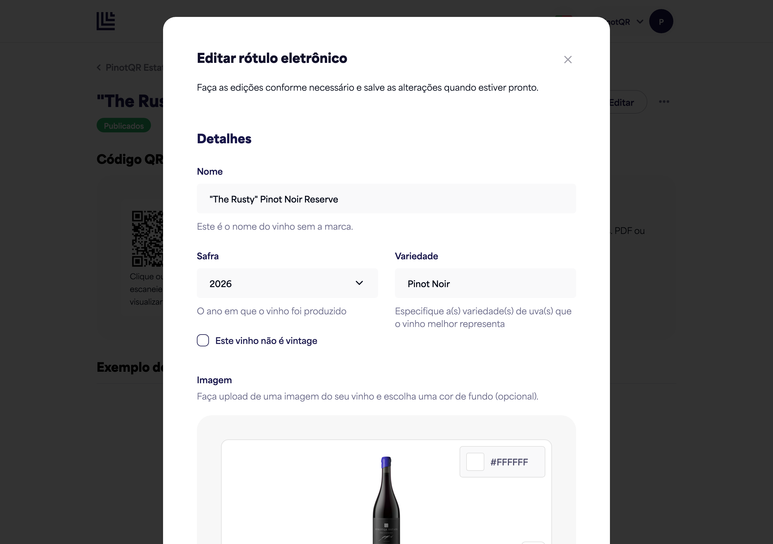 O formulário do e-label mostrando os campos Nome, Safra e Variedade e o upload da imagem da garrafa
