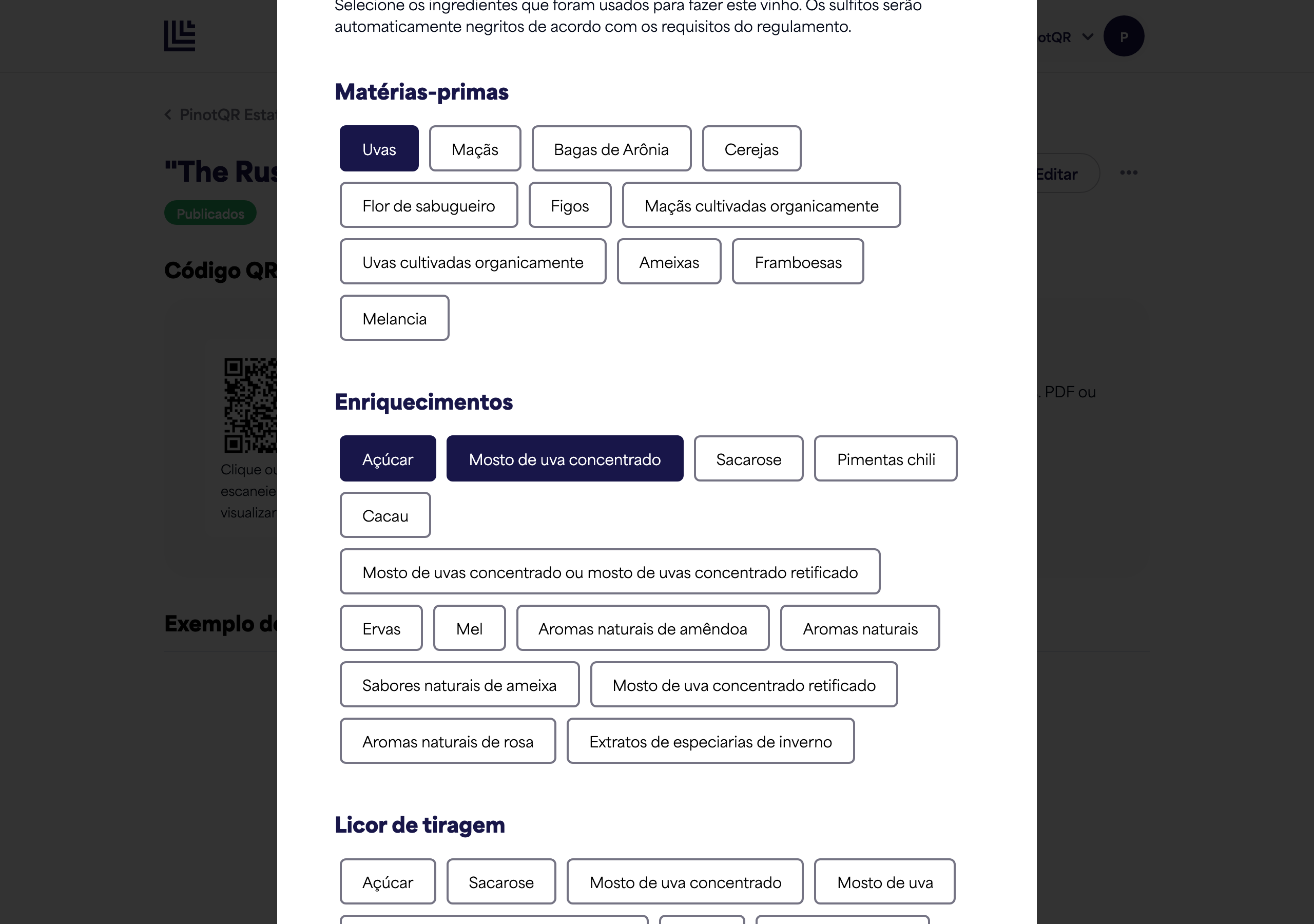 A seção Ingredientes com várias categorias e ingredientes selecionados