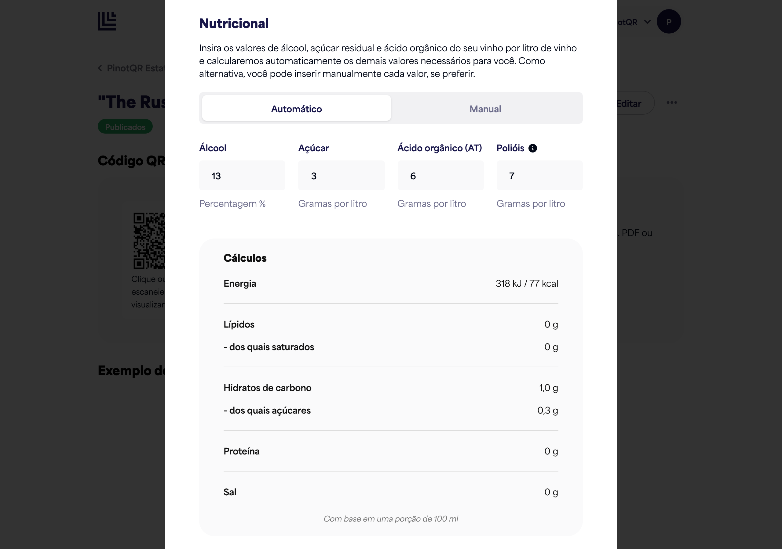 A seção Nutricional no modo automático, mostrando os campos de álcool, açúcar, ácido orgânico e poliois