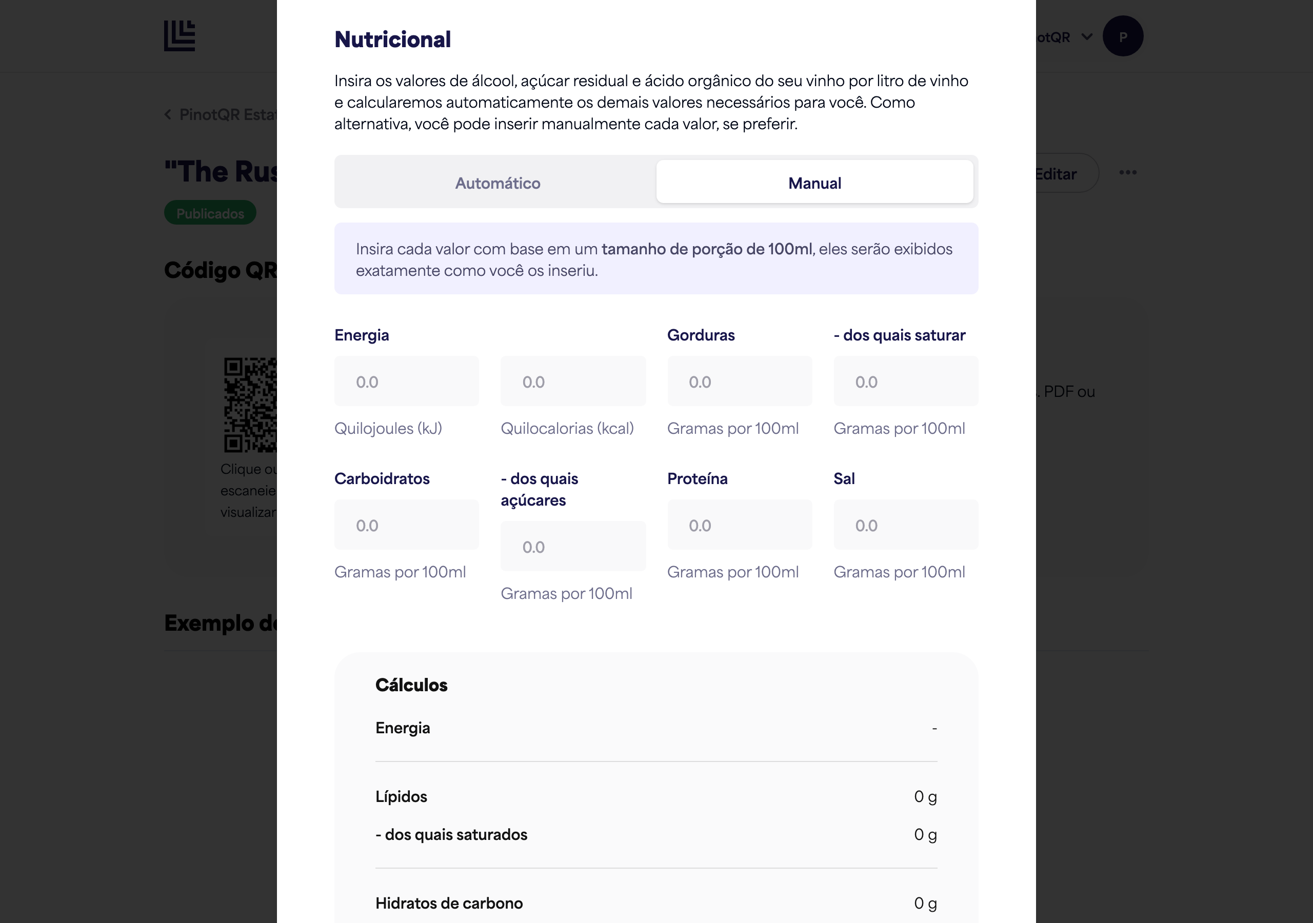A seção Nutricional mudou para Manual, mostrando o conjunto completo de campos