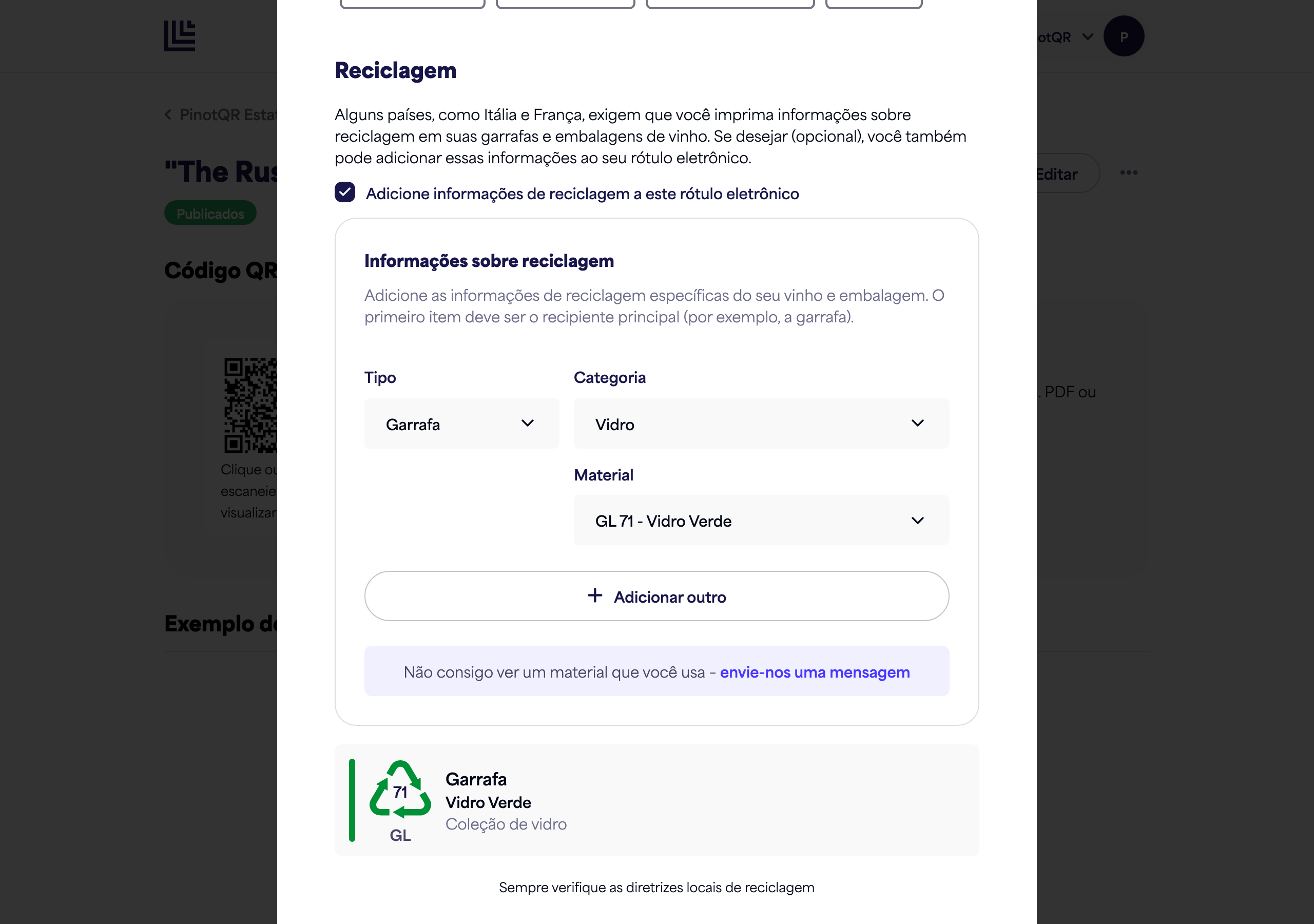 O botão de alternância e a explicação da seção de Reciclagem