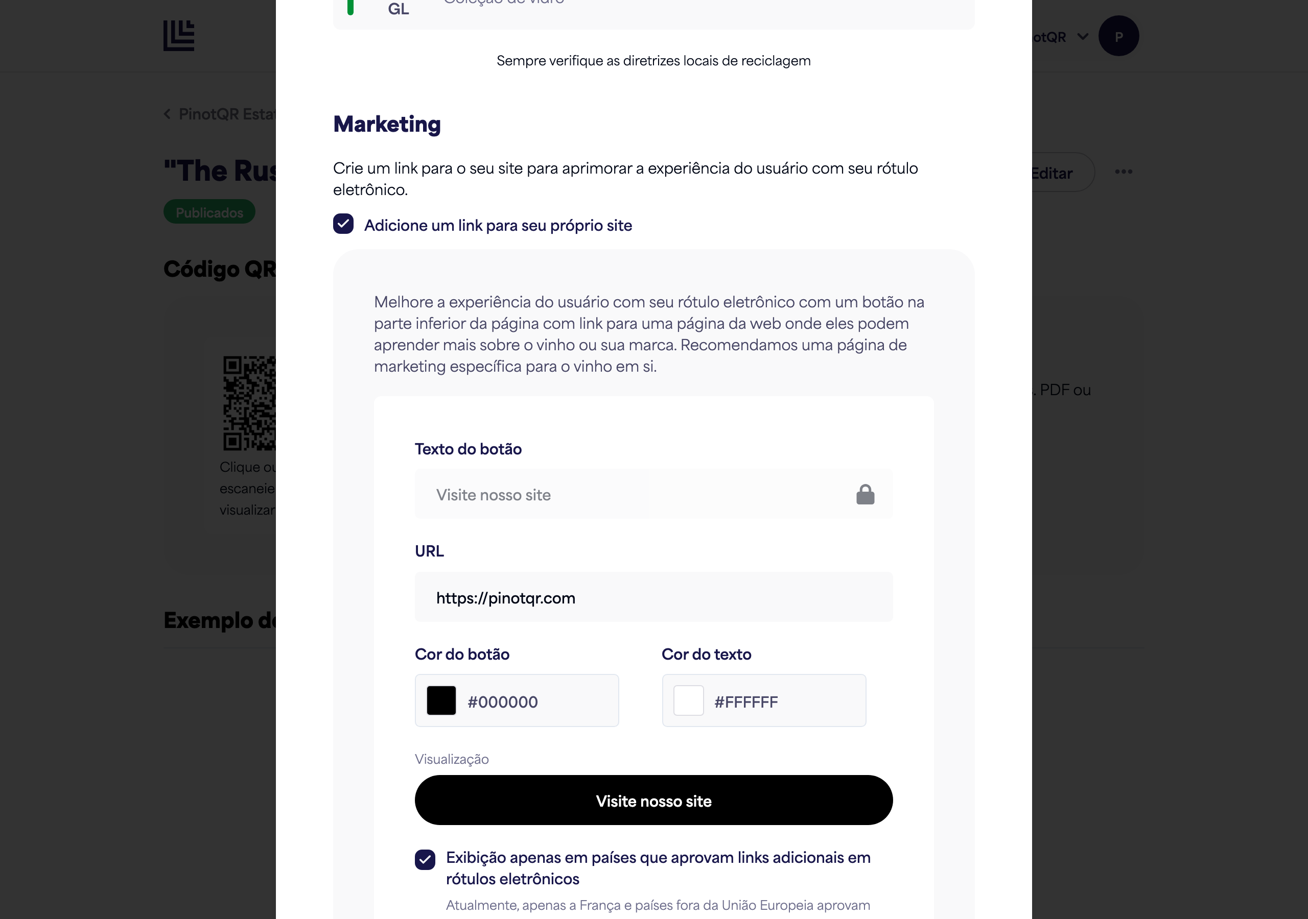 A seção Marketing com o botão de alternância, texto do botão, URL e seletores de cor, além da pré-visualização ao vivo do botão