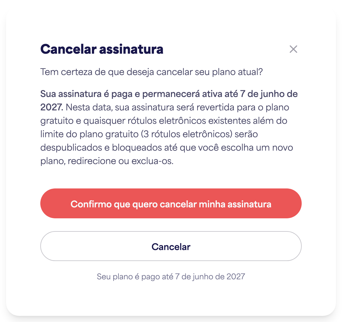 A área de Subscrição da conta mostrando a opção Cancelar subscrição
