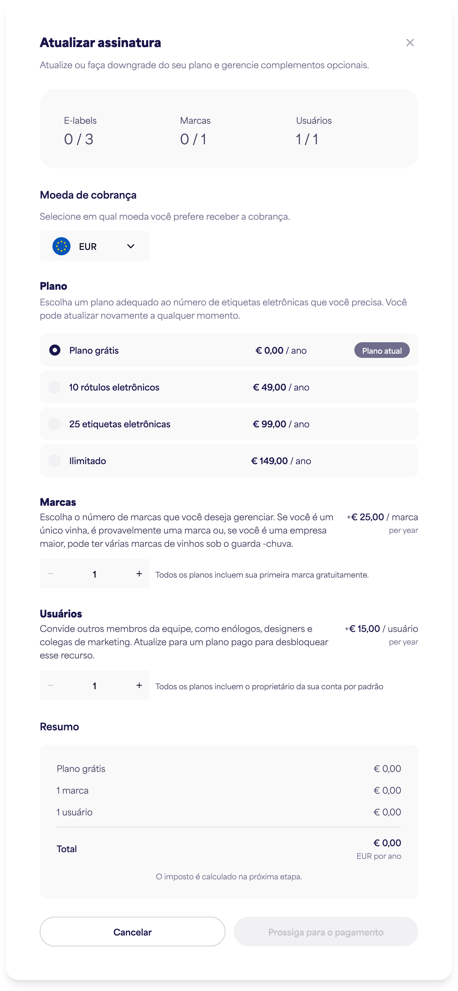 O diálogo Gerenciar assinatura com opções de plano, marcas e usuários