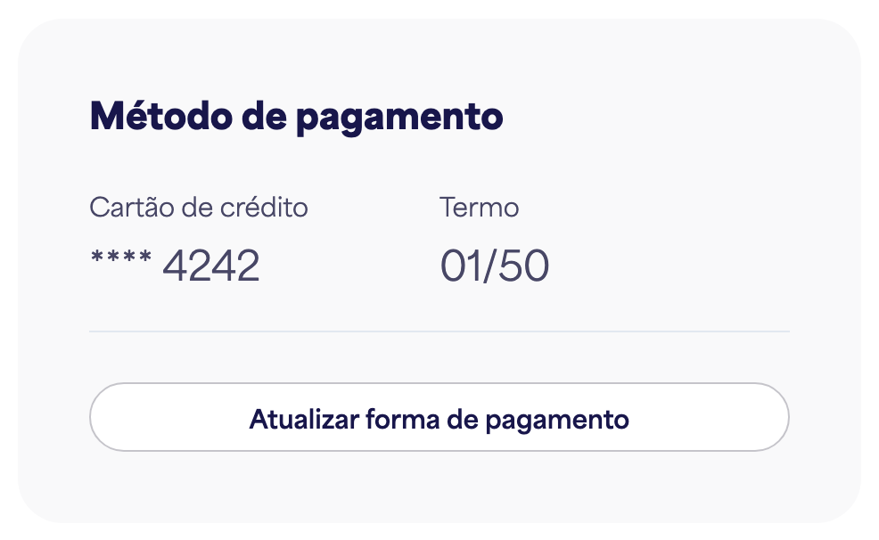 O cartão de Método de pagamento mostrando o cartão salvo e "Atualizar método de pagamento"