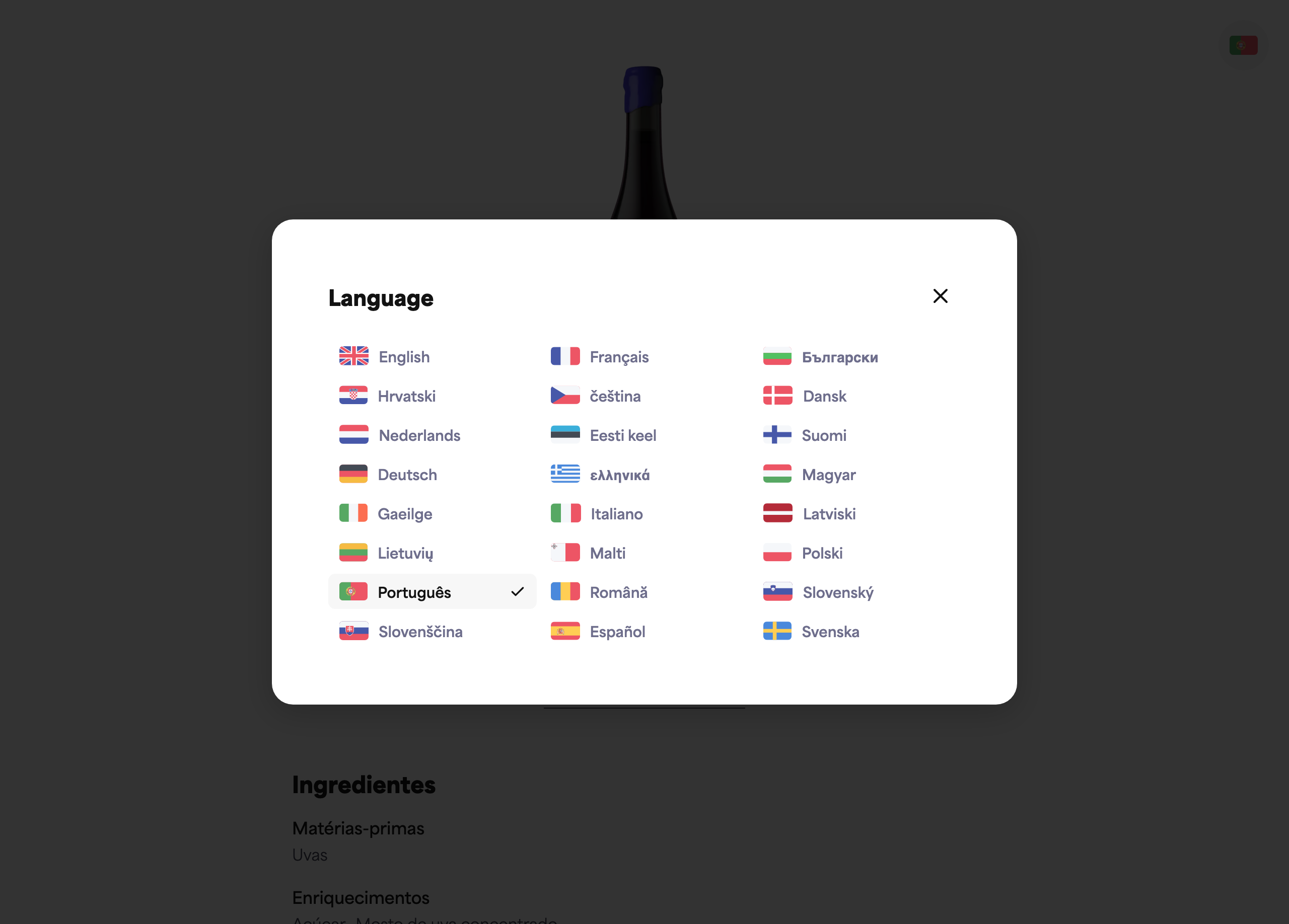 O seletor de idiomas numa e-label pública, aberto, mostrando a lista de idiomas