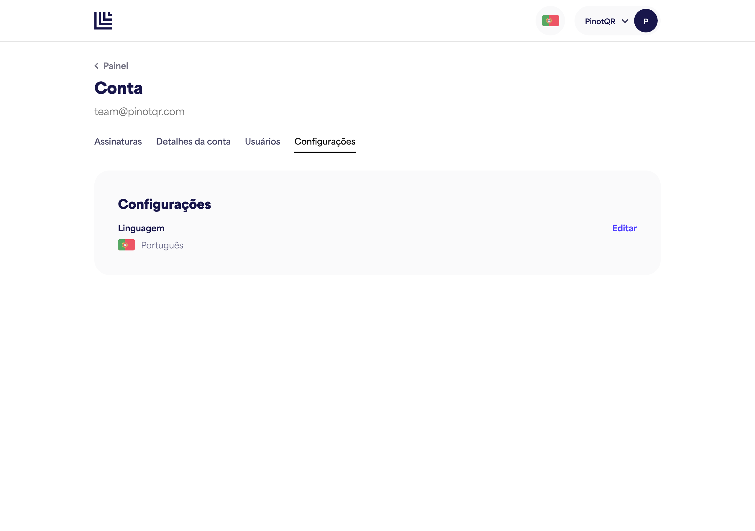 A página de Configurações com a opção Idioma