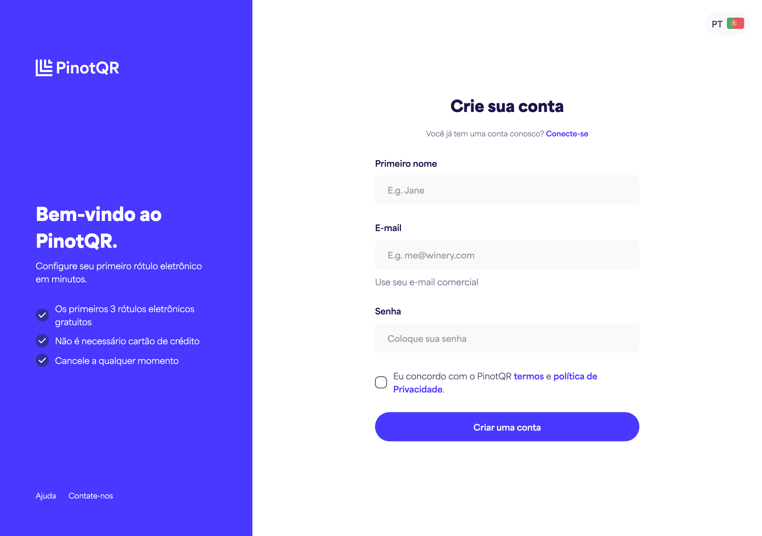 O formulário de registo com os campos Nome próprio, E-mail, Palavra-passe e o botão "Criar conta"
