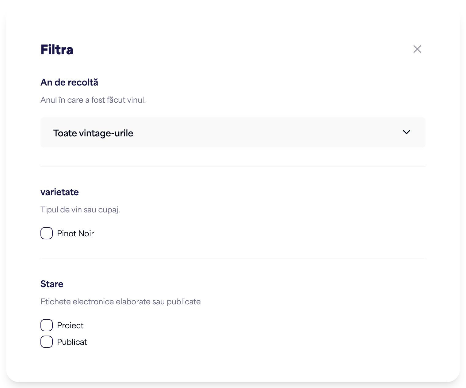 Panoul de filtrare cu opțiuni pentru vintage, varietate și status